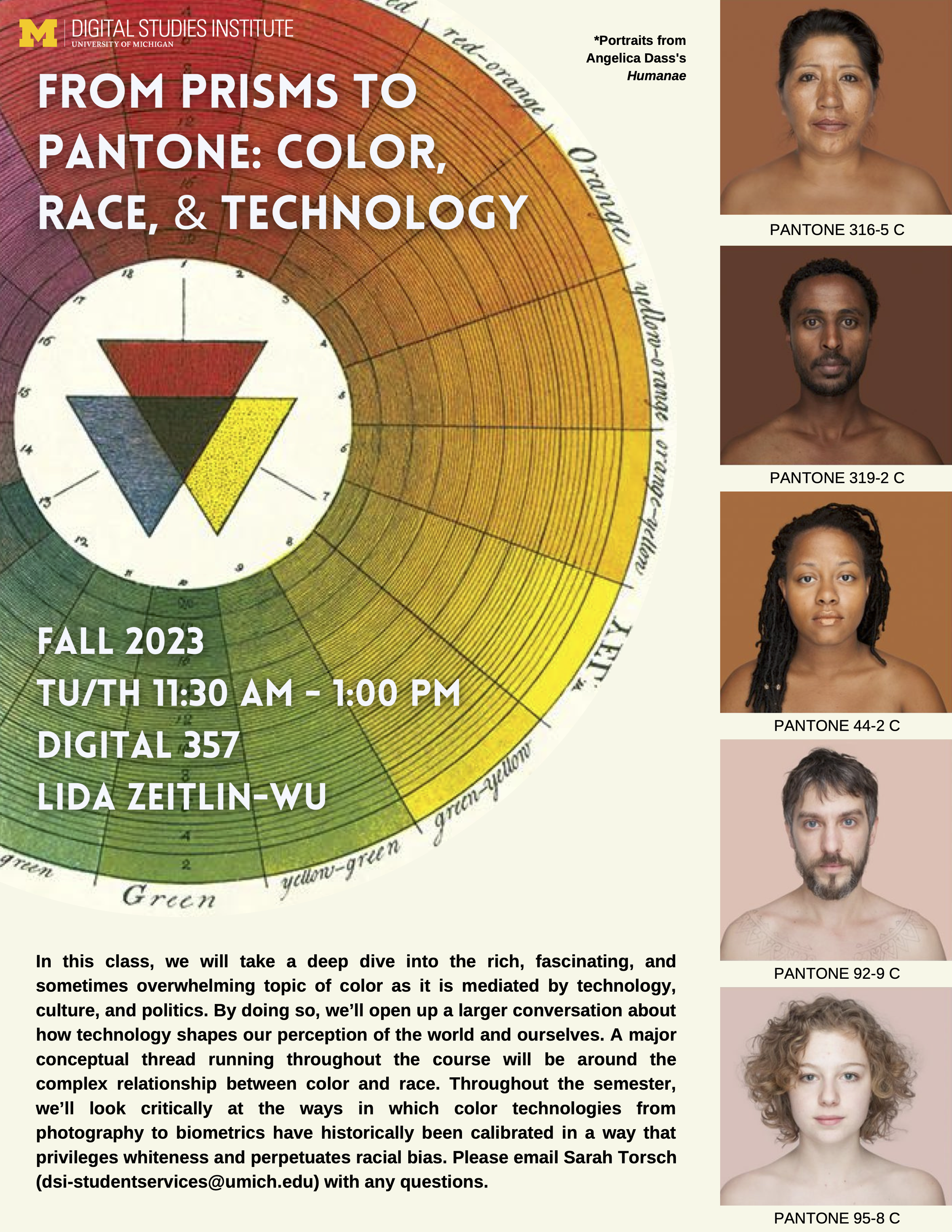 Class flier with image of color wheel and Portraits from Angelica Dass's "Humanae"