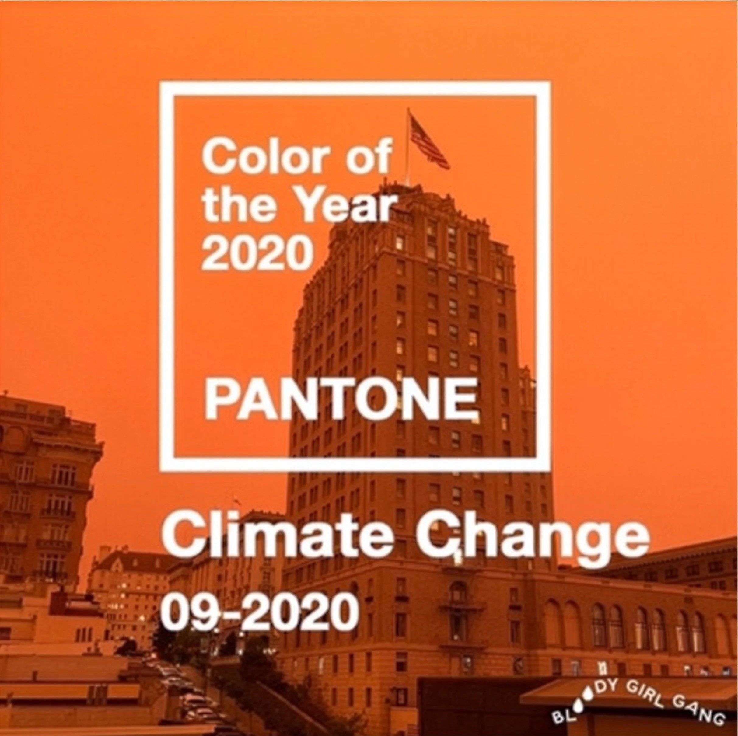 A meme of an orange city sky with text 'Color of the Year 2020 Pantone'.