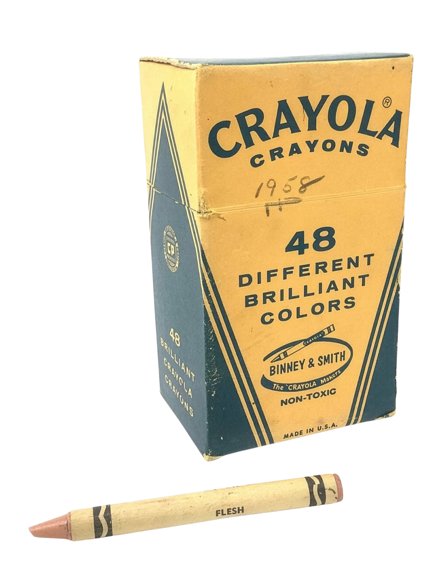 Vintage Crayola crayon box and a flesh-colored crayon.