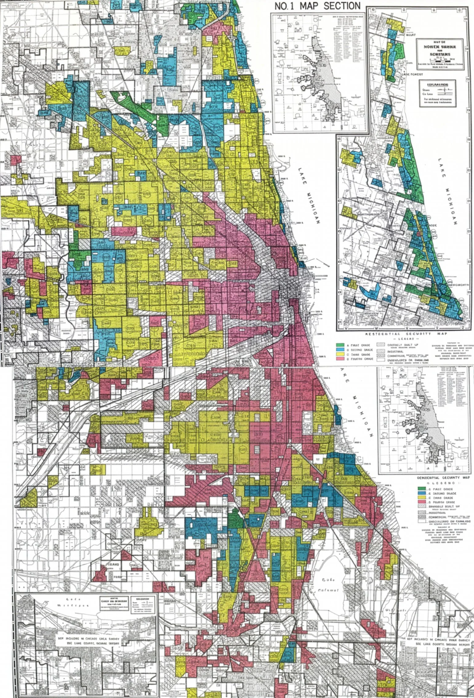 The federal government's Home Owners' Loan Corporation produced a map of Chicago, Illinois, in 1940. The color coding indicates which parts of the city were safest for investment.