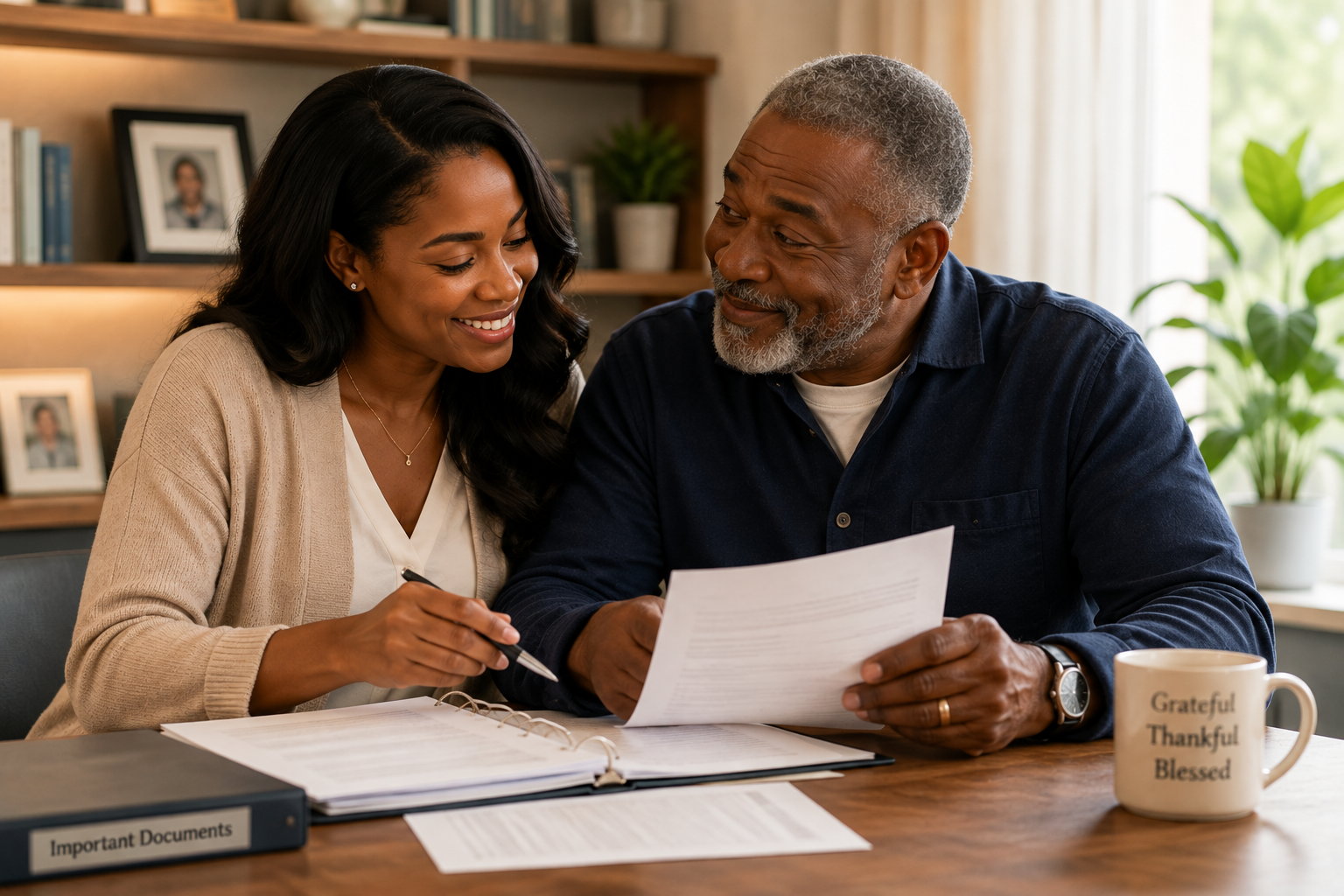 An older man and a younger woman are sitting at a table, looking at papers together. The woman is smiling and holding a pen, while the man looks at her with a smile. There are binders, papers, and a coffee mug with the words 'Grateful Thankful Blessed' on it.
