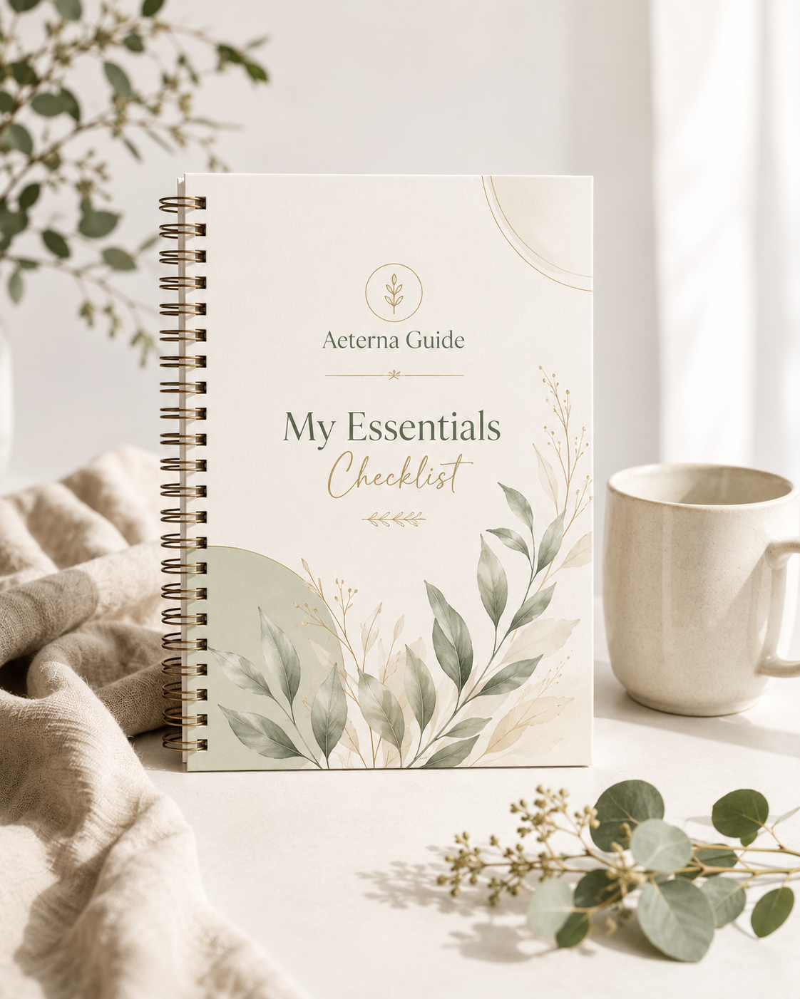 A spiral-bound booklet titled "My Essentials Checklist" with botanical illustrations, placed on a neutral-colored surface with a ceramic mug and a piece of beige fabric, surrounded by eucalyptus branches and leaves.