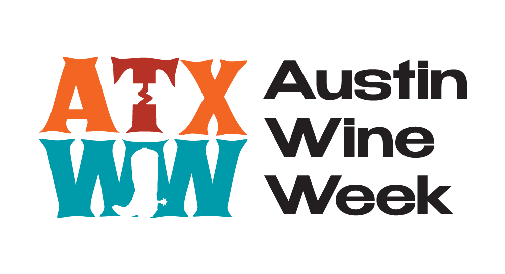 Logo for Austin Wine Week featuring stylized letters A, T, X, W in orange, red, and blue with outlined wine glasses behind the letters.