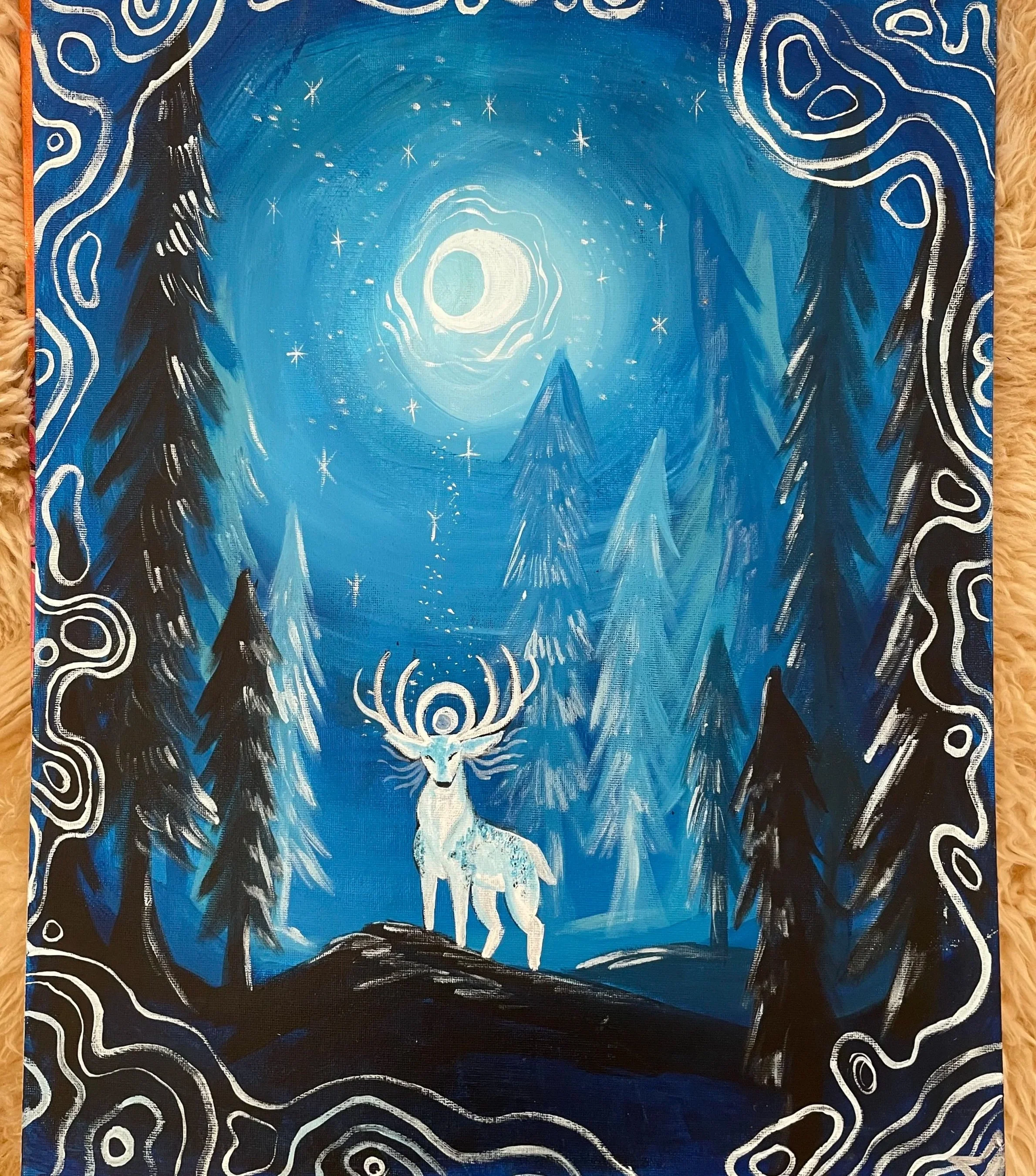 A painting of a majestic white stag with large antlers standing in a mystical, snowy landscape under a glowing moon and a starry night sky. Tall black pine trees border the scene, and swirling white lines frame the image, adding a magical and mysteri