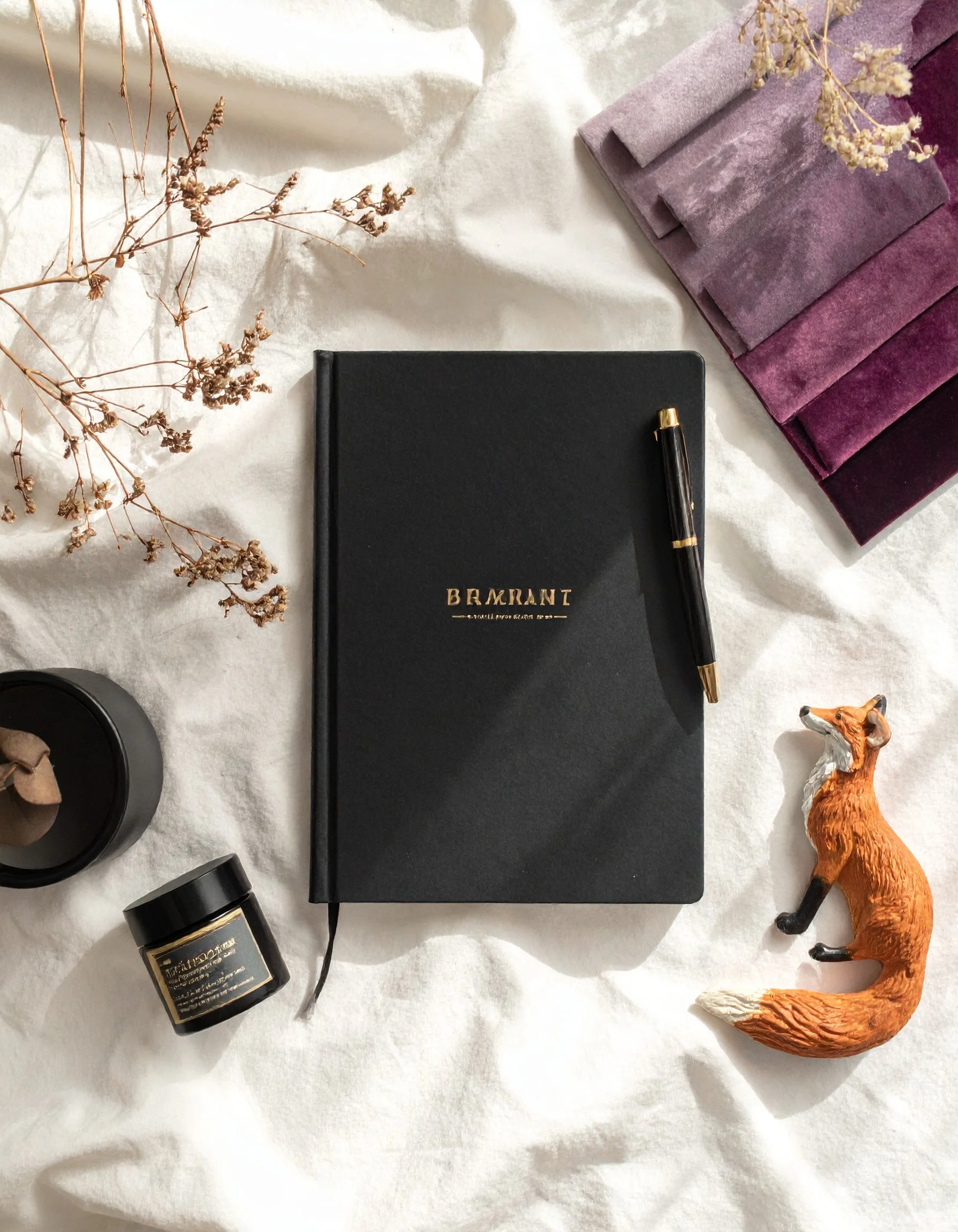 A flat lay of various objects on a white fabric surface, including dried flowers, closed velvet sample swatches in purple and pink shades, a closed black notebook with gold lettering, a black and gold pen, a small black jar, and a realistic model fox figurine.