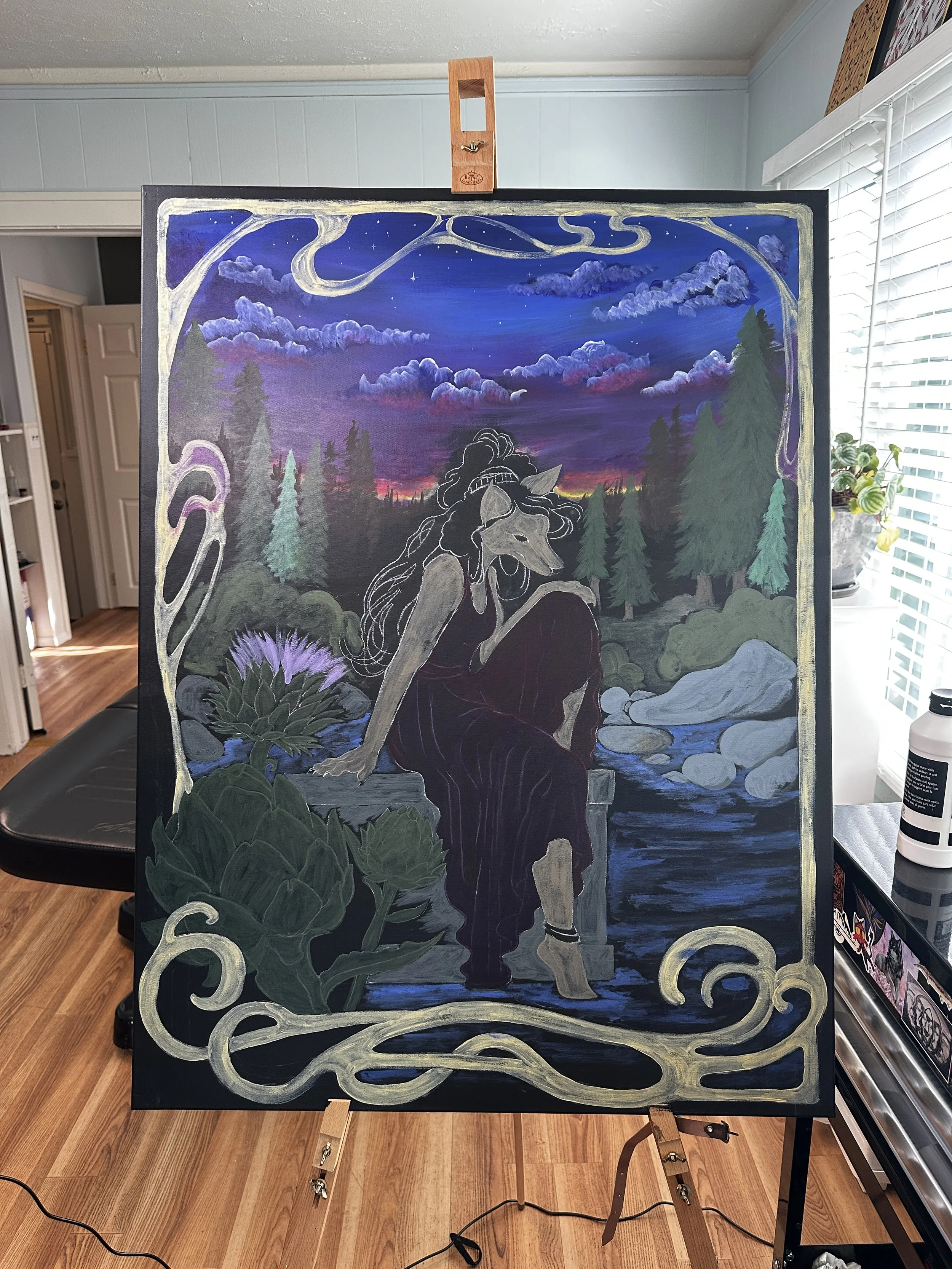 An artist's fantasy painting of a woman with long hair, sitting by a river at sunset, surrounded by trees and clouds, with a night sky featuring stars and swirling clouds.