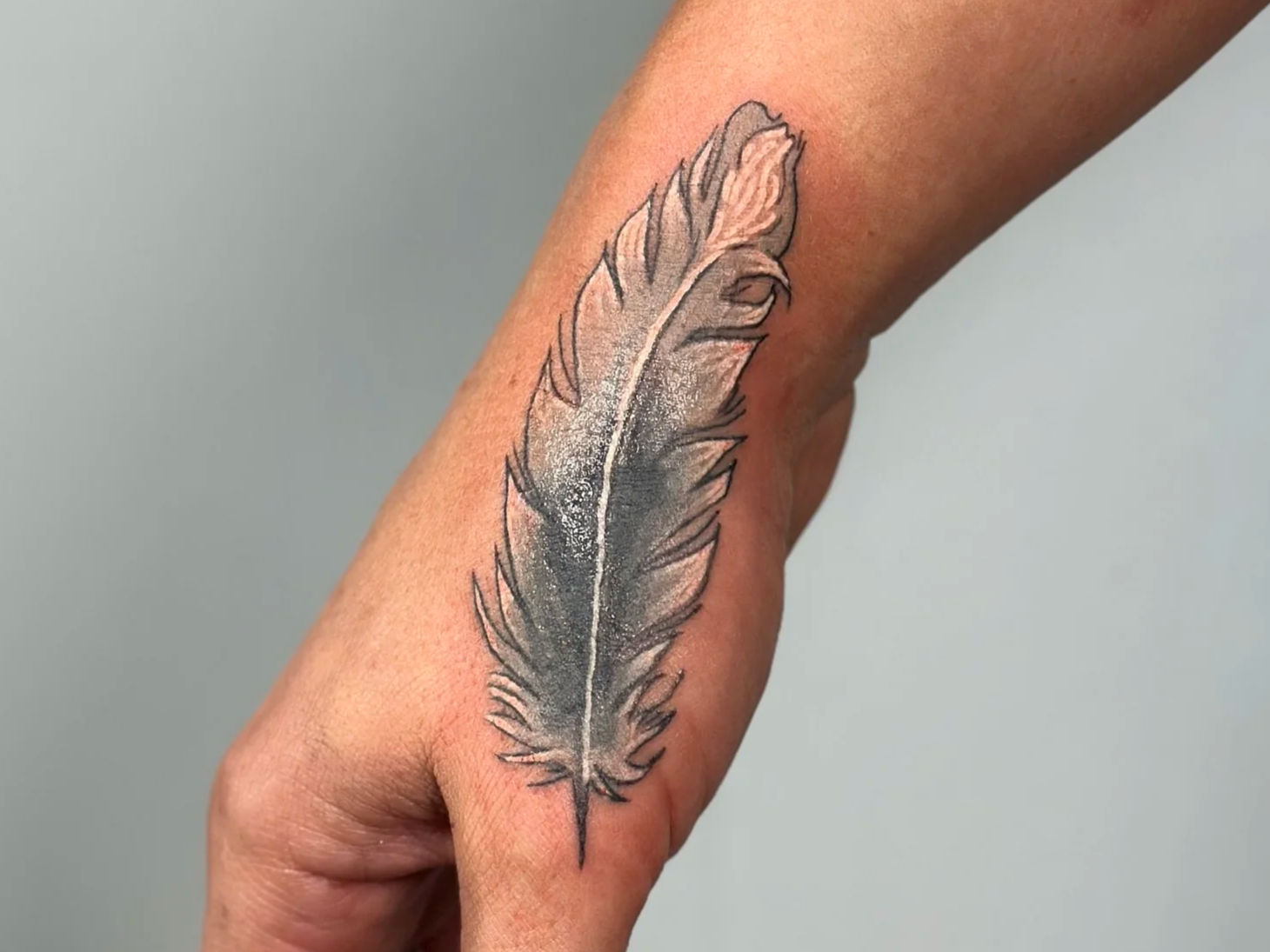 A tattoo of a feather on a person's forearm, featuring detailed line work and shading.