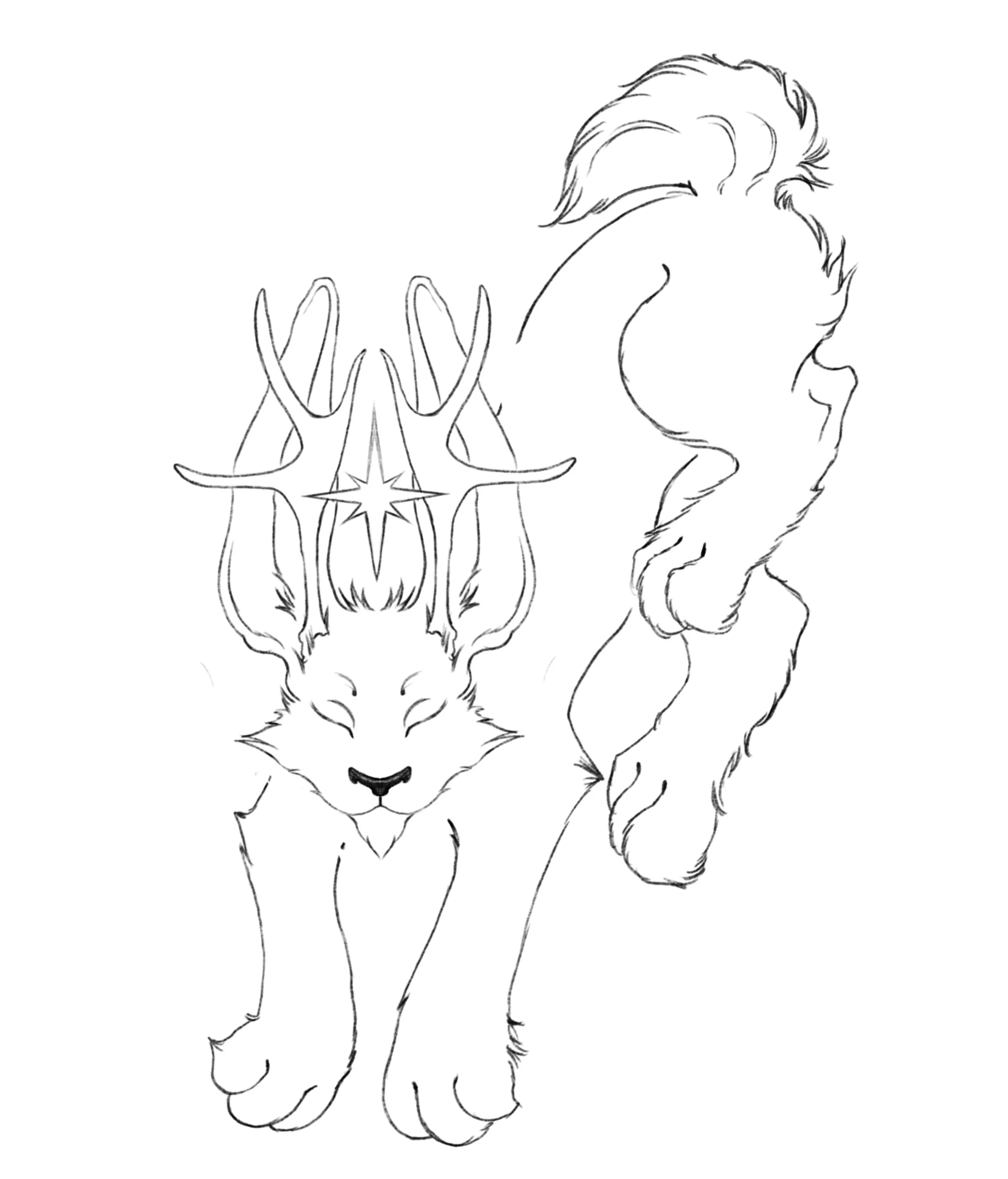 Line drawing of a wolf with a symmetrical decorative element between its ears.