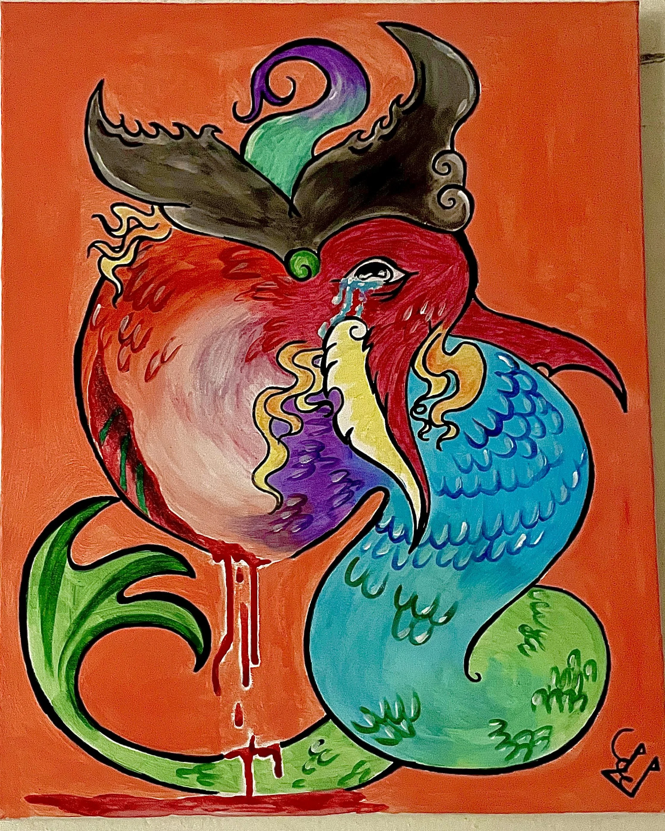 Colorful drawing of a dragon with a red, blue, green, purple, and yellow body on an orange background, with black outline details and some handwritten text.