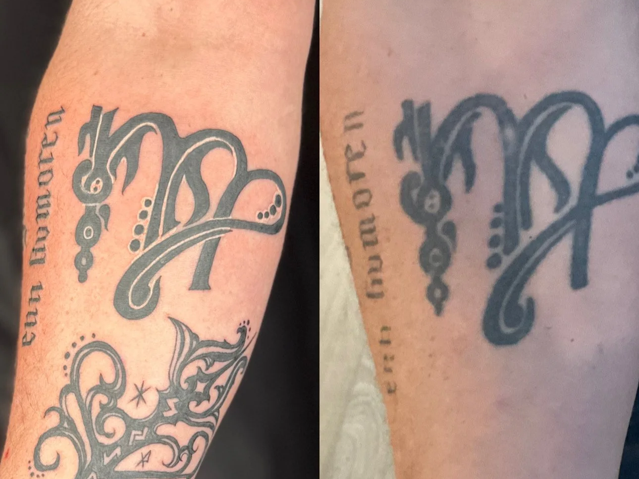 Close-up of a tattoo on a person's arm with the words "fear nothing" in cursive, along with decorative elements and small stars.
