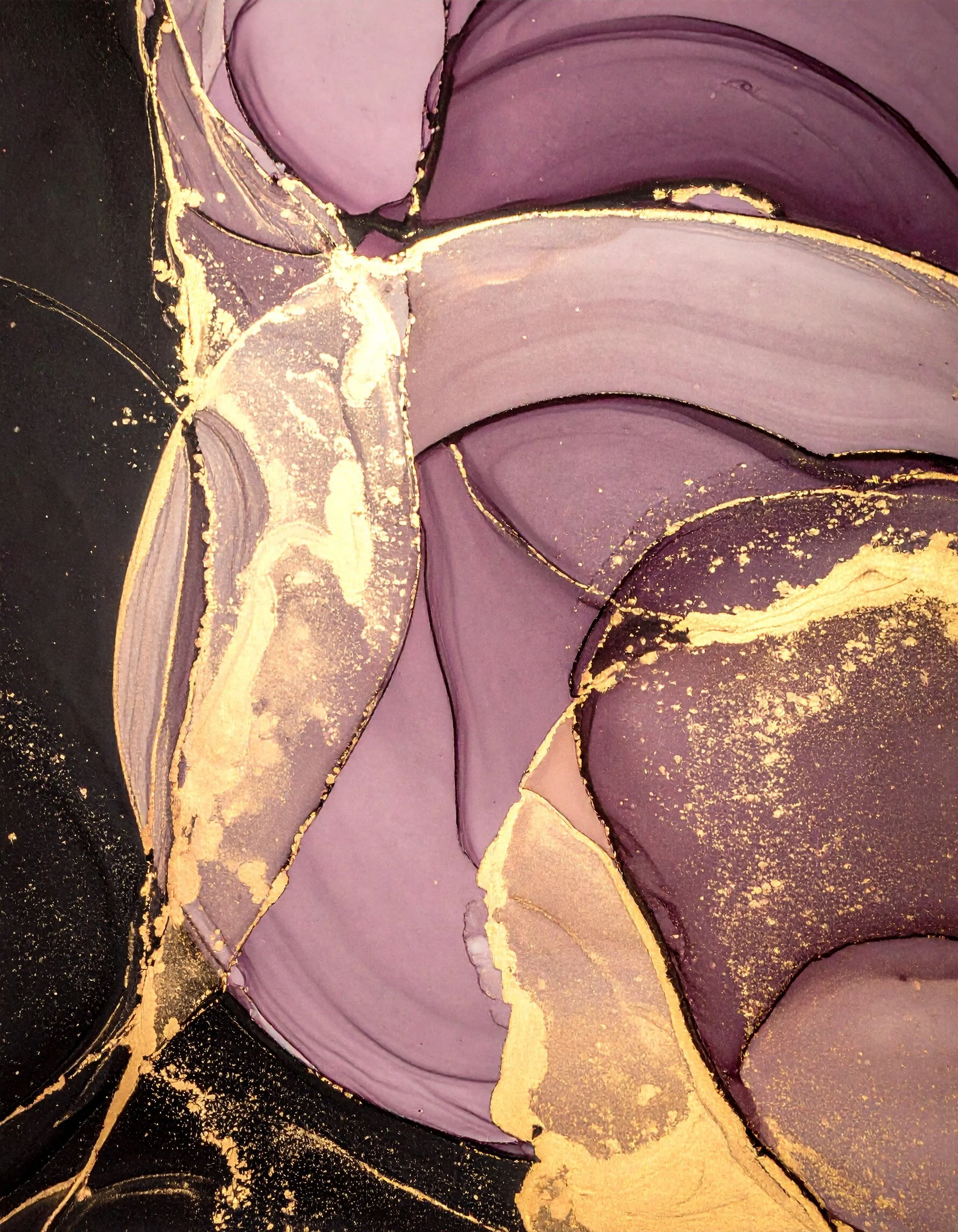 Abstract artwork featuring purple, black, and gold colors with swirling patterns and textured gold accents.