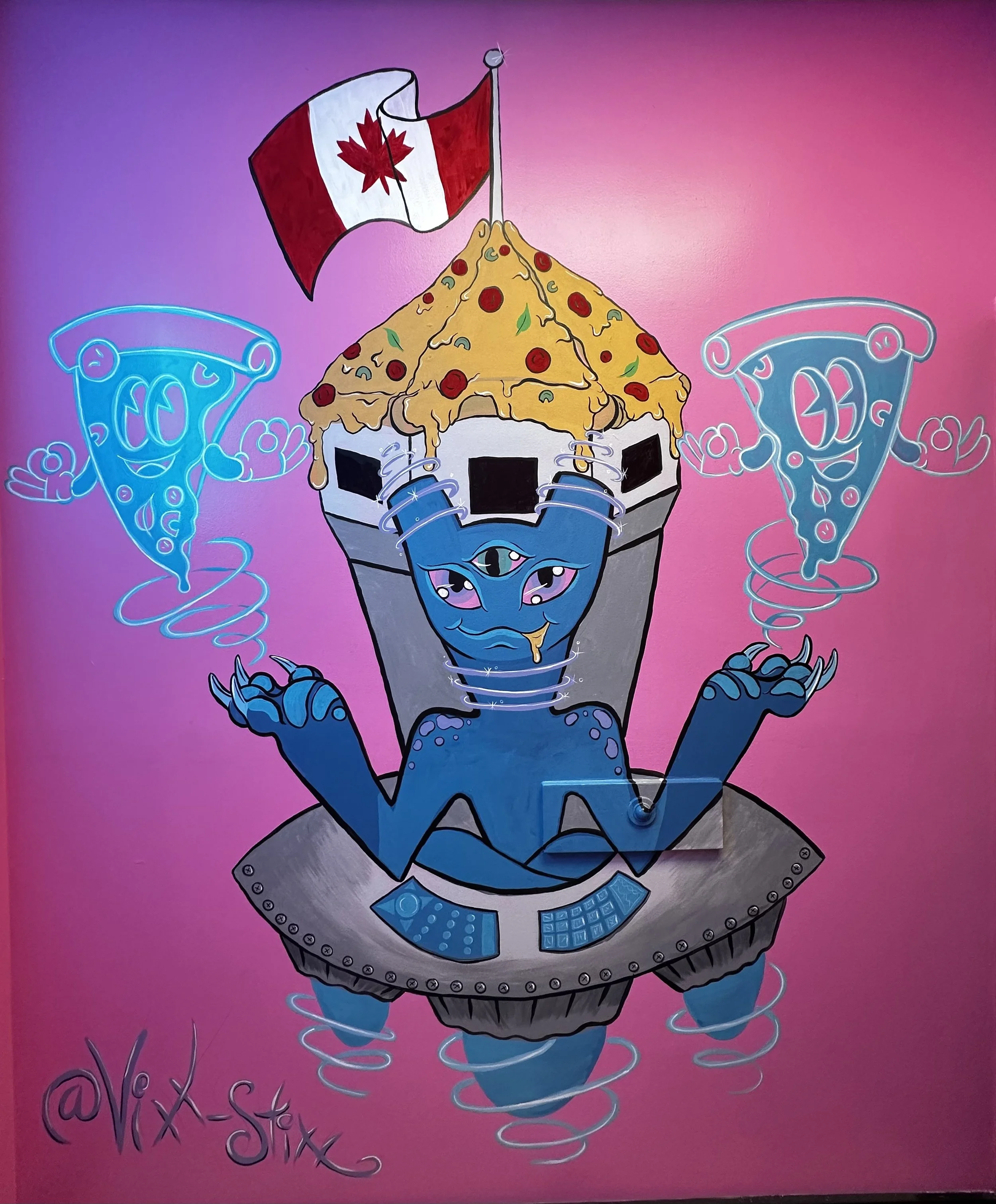 Colorful street art featuring a blue robotic figure with an eye on its forehead, holding a pizza with a red maple leaf flag on top. The pizza is floating above a robotic arm with a skateboard deck pattern in the background. Neon-style outlines of piz