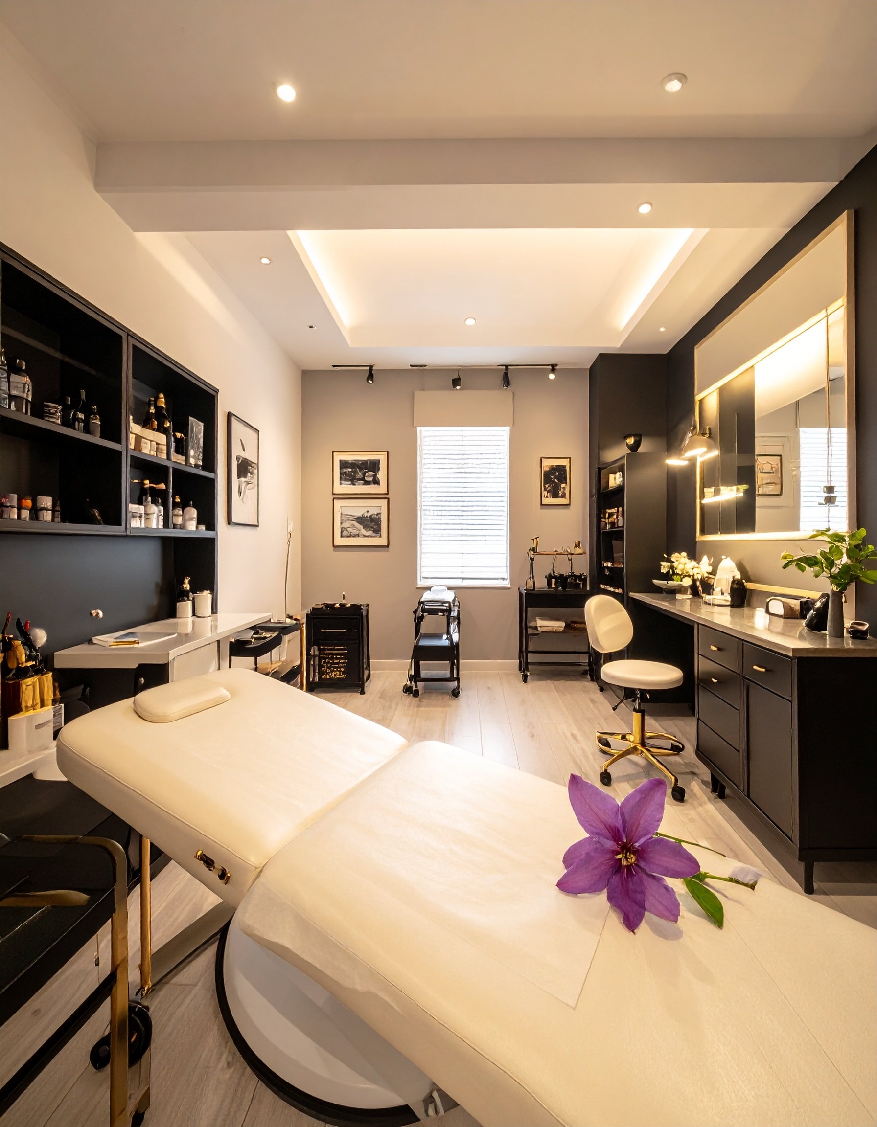 A room with a massage table and a purple flower in the foreground.