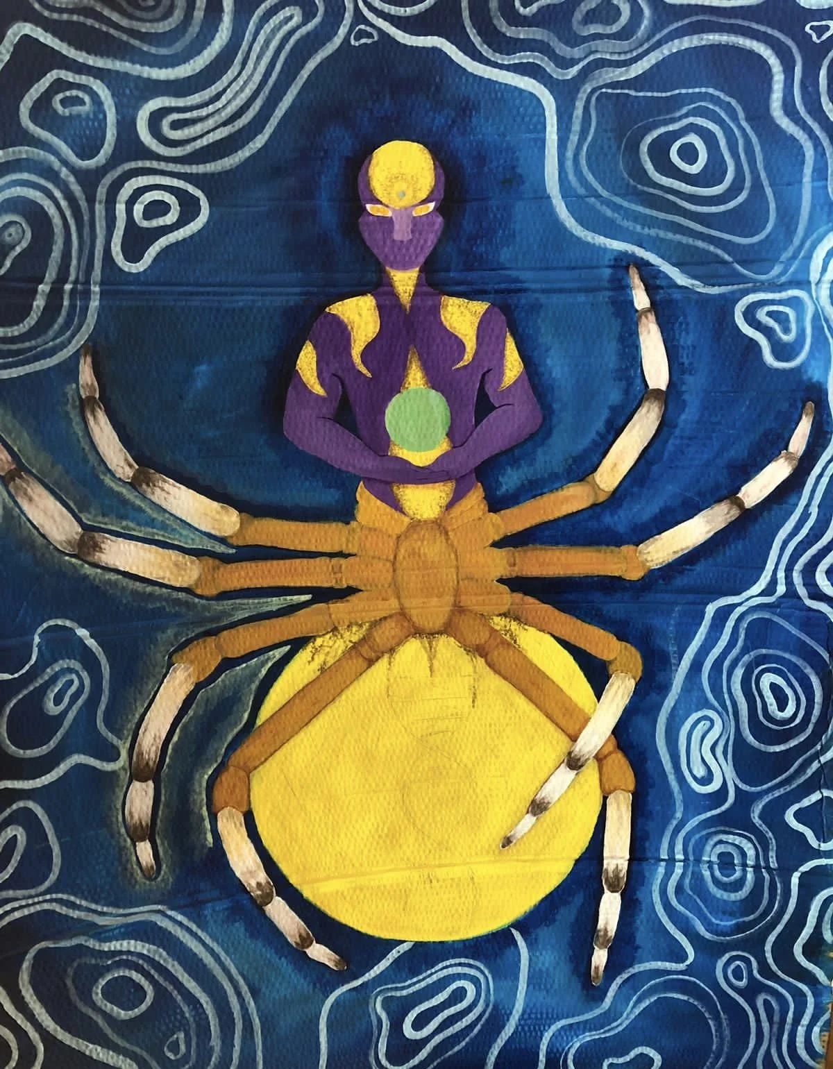 A textile art piece depicting a hybrid creature with the head of a human, purple and yellow body, and multiple spider-like legs, set against a blue background with white swirl patterns.
