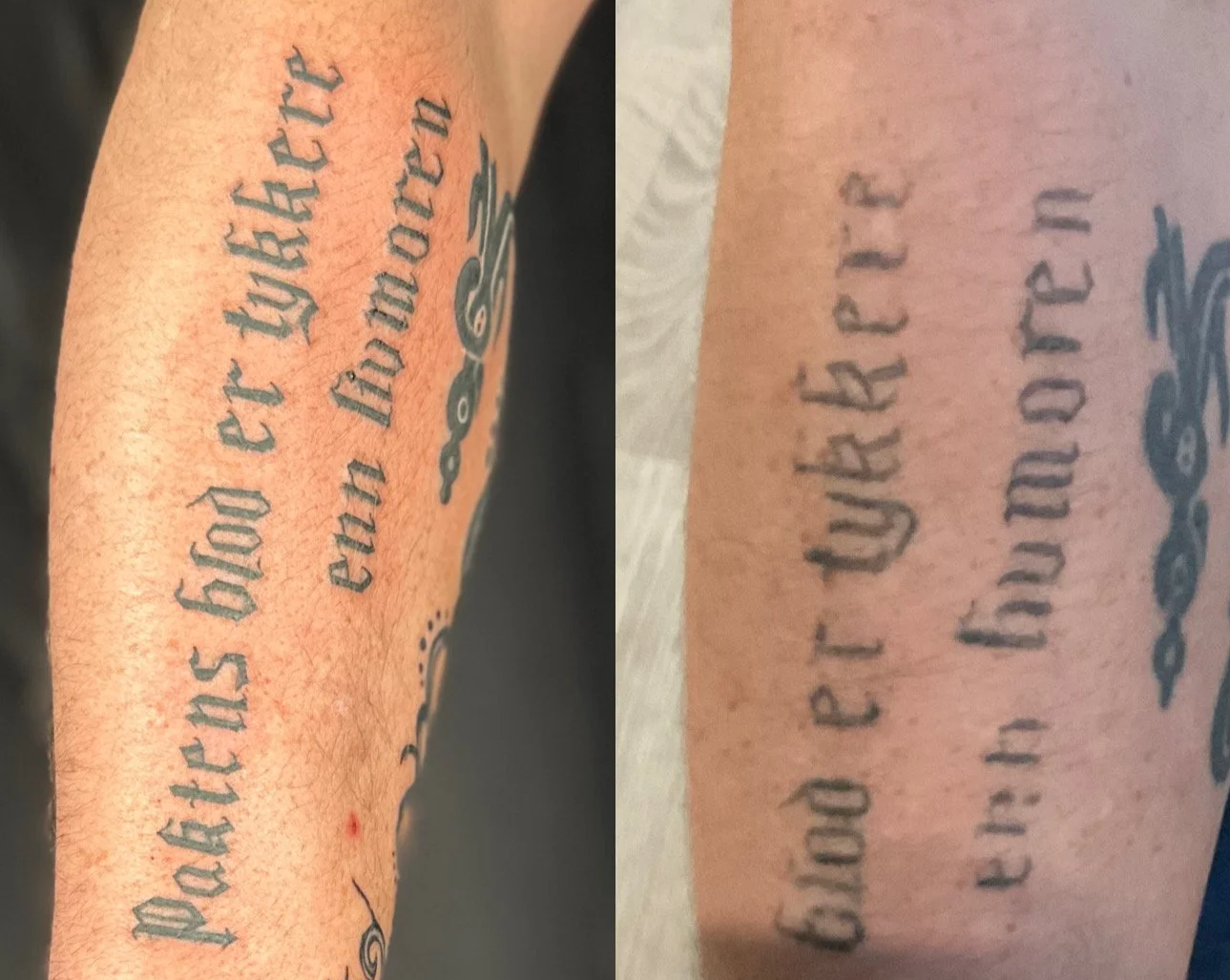 Close-up of a tattoo on a person's arm with text that reads, "sometimes by the end of the day you’re just in your bed."