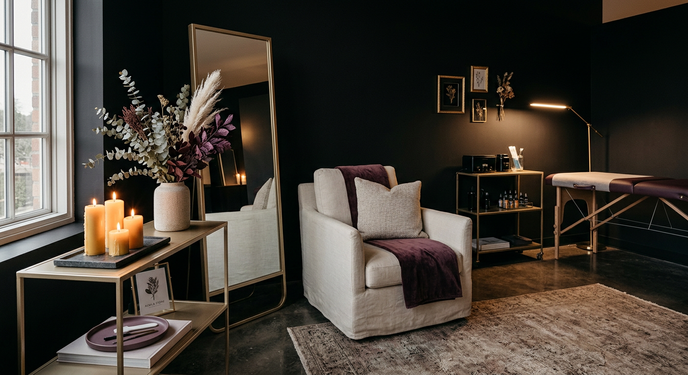 A cozy room with dark walls, a window with white trim, a beige armchair with a purple throw and pillow, a small gold-toned table with candles, a large mirror, framed botanical prints, a gold metal cart with bottles, and a massage table with a purple cover, illuminated by a brass floor lamp.