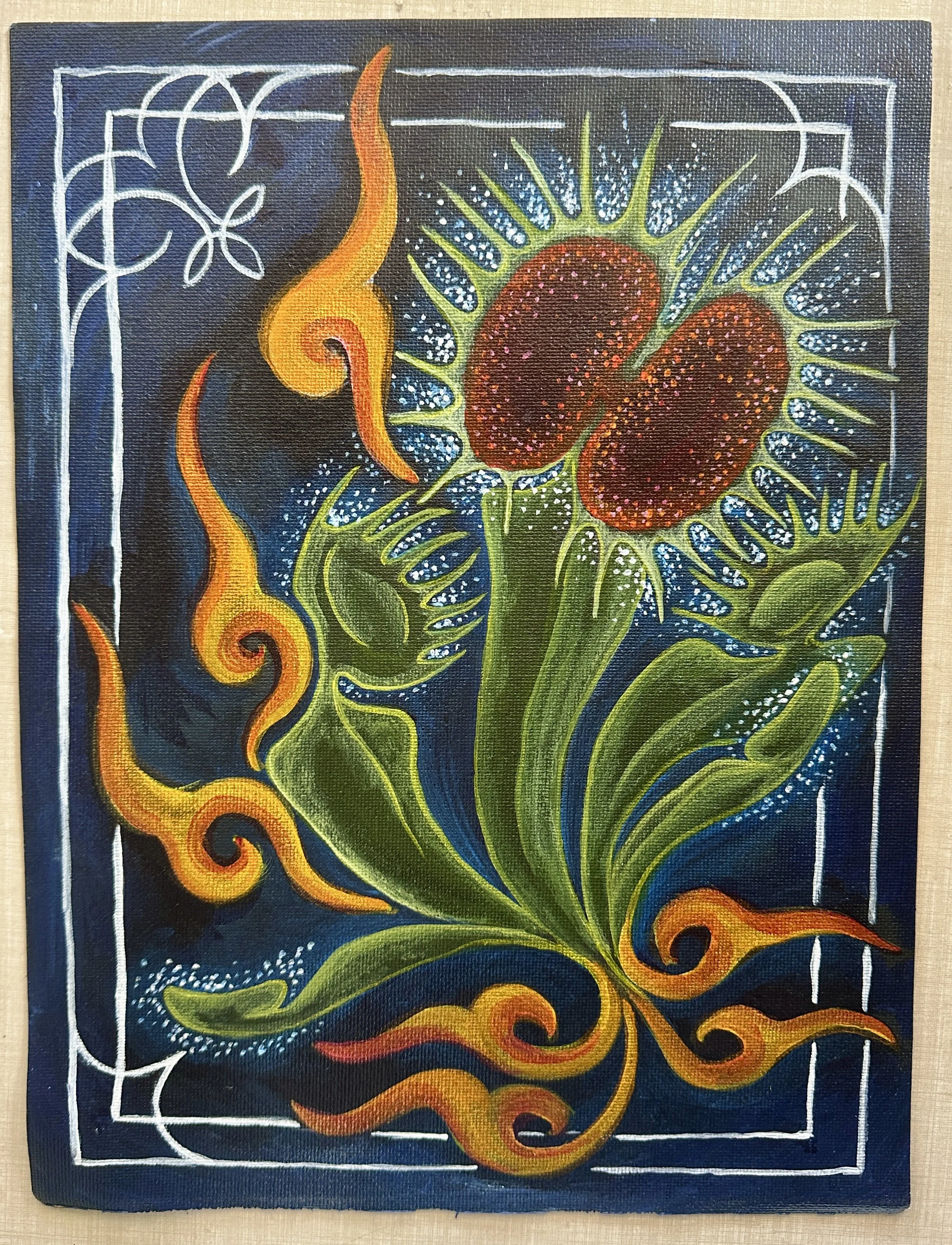 A colorful artwork featuring a large pink and red star-shaped flower with green leaves, orange swirling accents, and a decorative white border with abstract patterns.