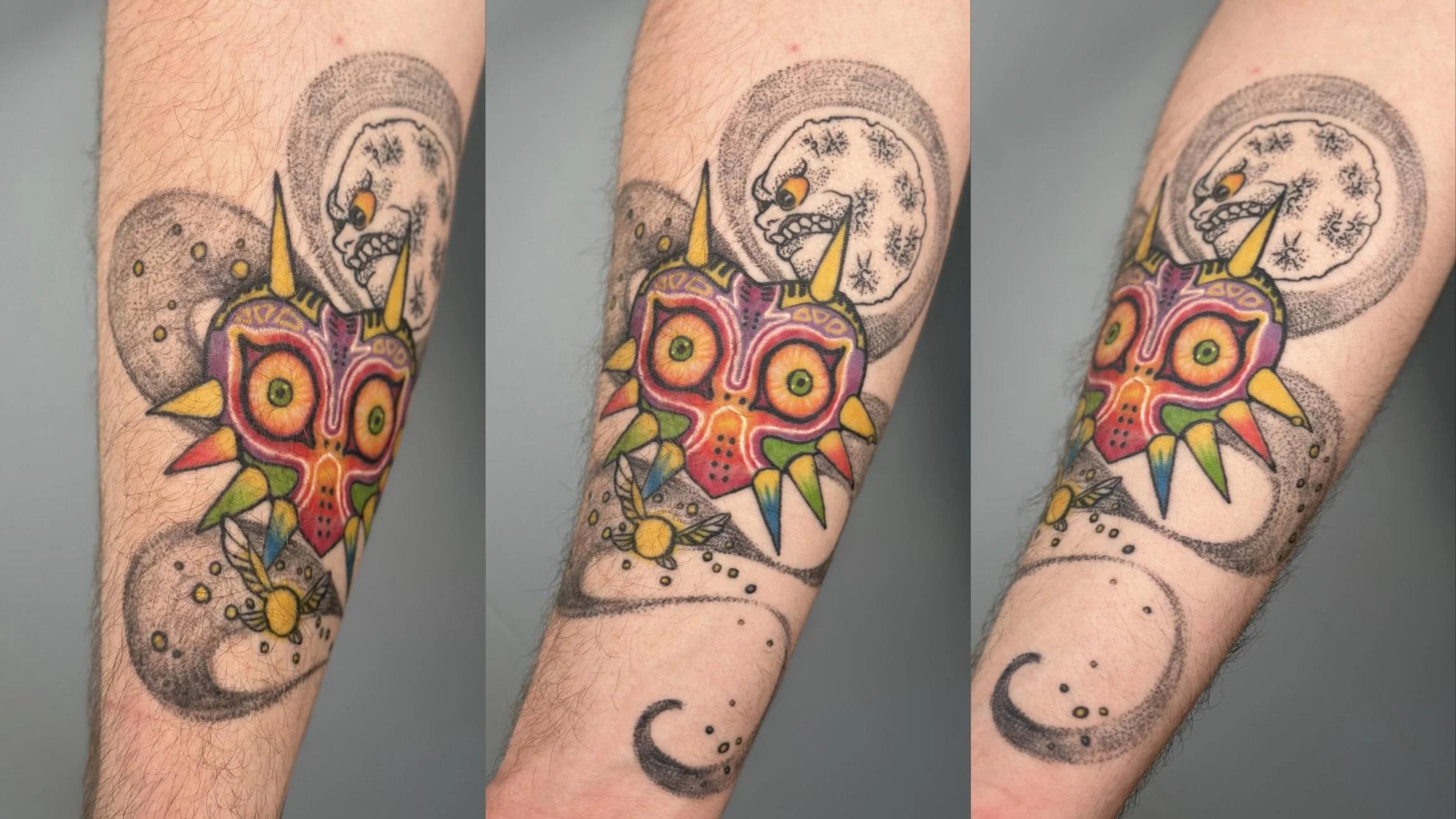 Colorful tattoo on a person's arm featuring a sugar skull with a pink, orange, and green color scheme, surrounded by black and yellow geometric shapes, with a black spiral background and a white crescent moon with textured shading behind.