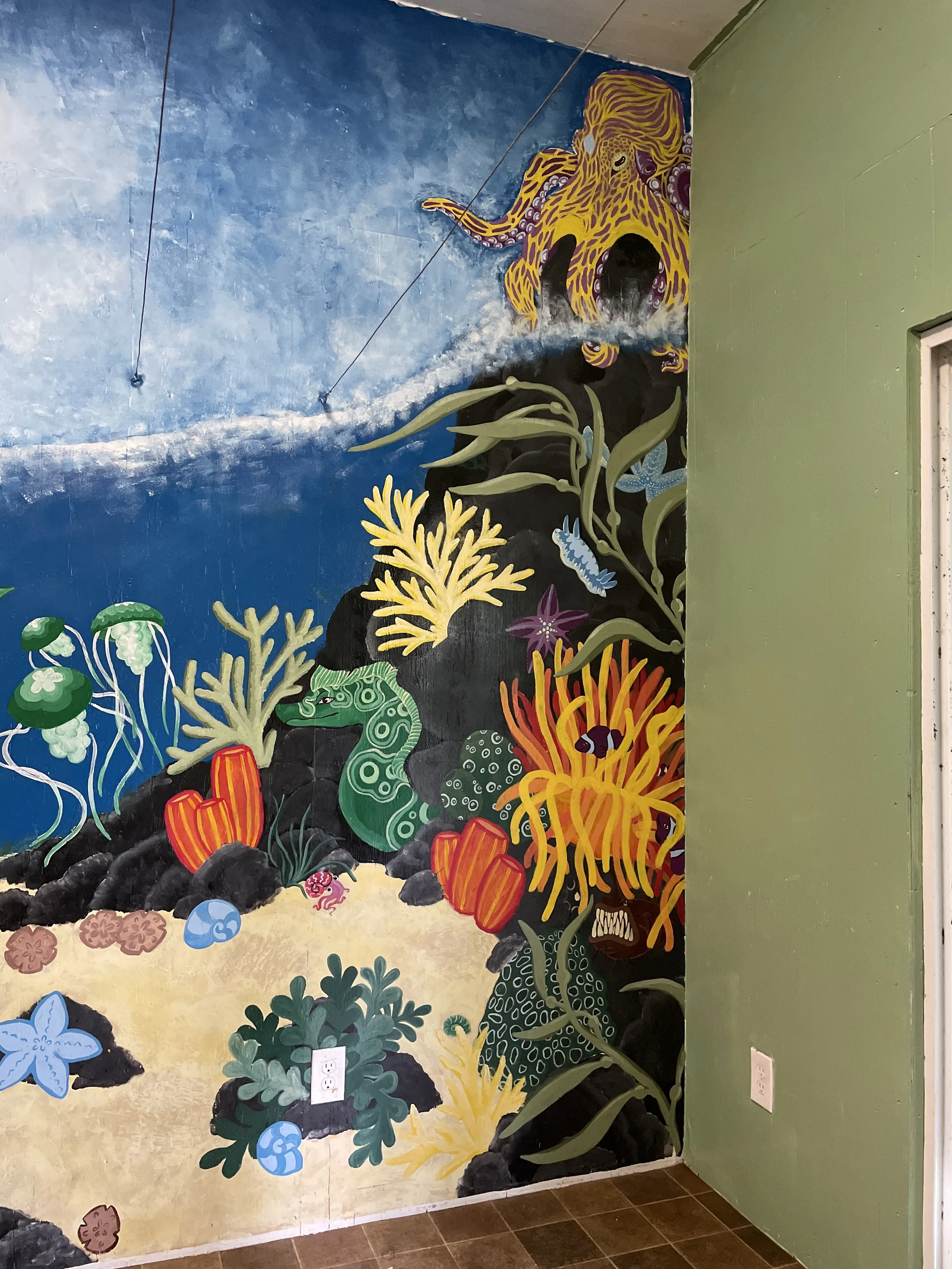 Colorful underwater scene mural with sea creatures, coral, and a large yellow octopus on a wall with green painted section.