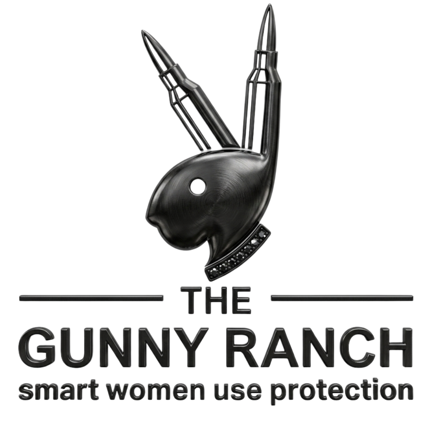 A logo featuring a stylized black handgun integrated with a heart shape, with the words "The Gunny Ranch" and a tagline "smart women use protection" in black text.