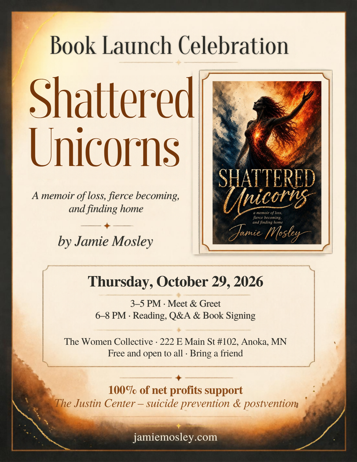 Flyer for the Shattered Unicorns book launch celebration with Jamie Mosley: Thursday, October 29, 2026, 3-5 PM meet and greet and 6-8 PM reading, Q&A and book signing at The Women Collective, 222 E Main St #102, Anoka, MN. Free and open to all.