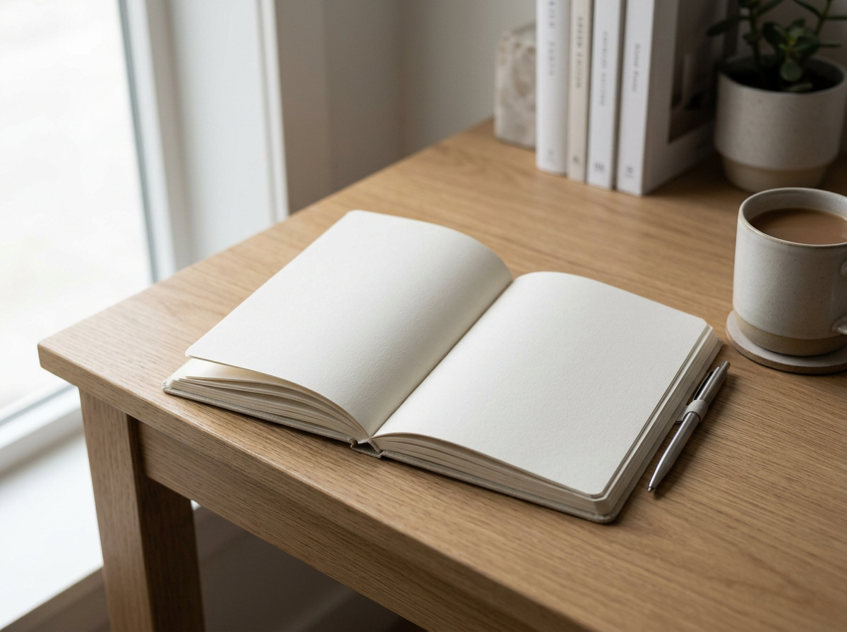 An open blank sketchbook with a silver pen on a wooden desk next to a cup of coffee and a small potted plant in the background.