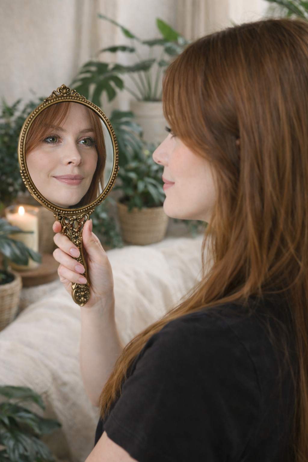 Red-haired woman holding a decorative hand mirror, looking at her reflection.