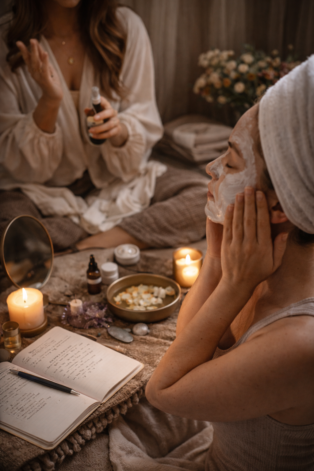 Two women in a cozy room with warm lighting, one applying a facial mask and the other holding a spray bottle, surrounded by candles, skincare products, an open journal, and flowers.