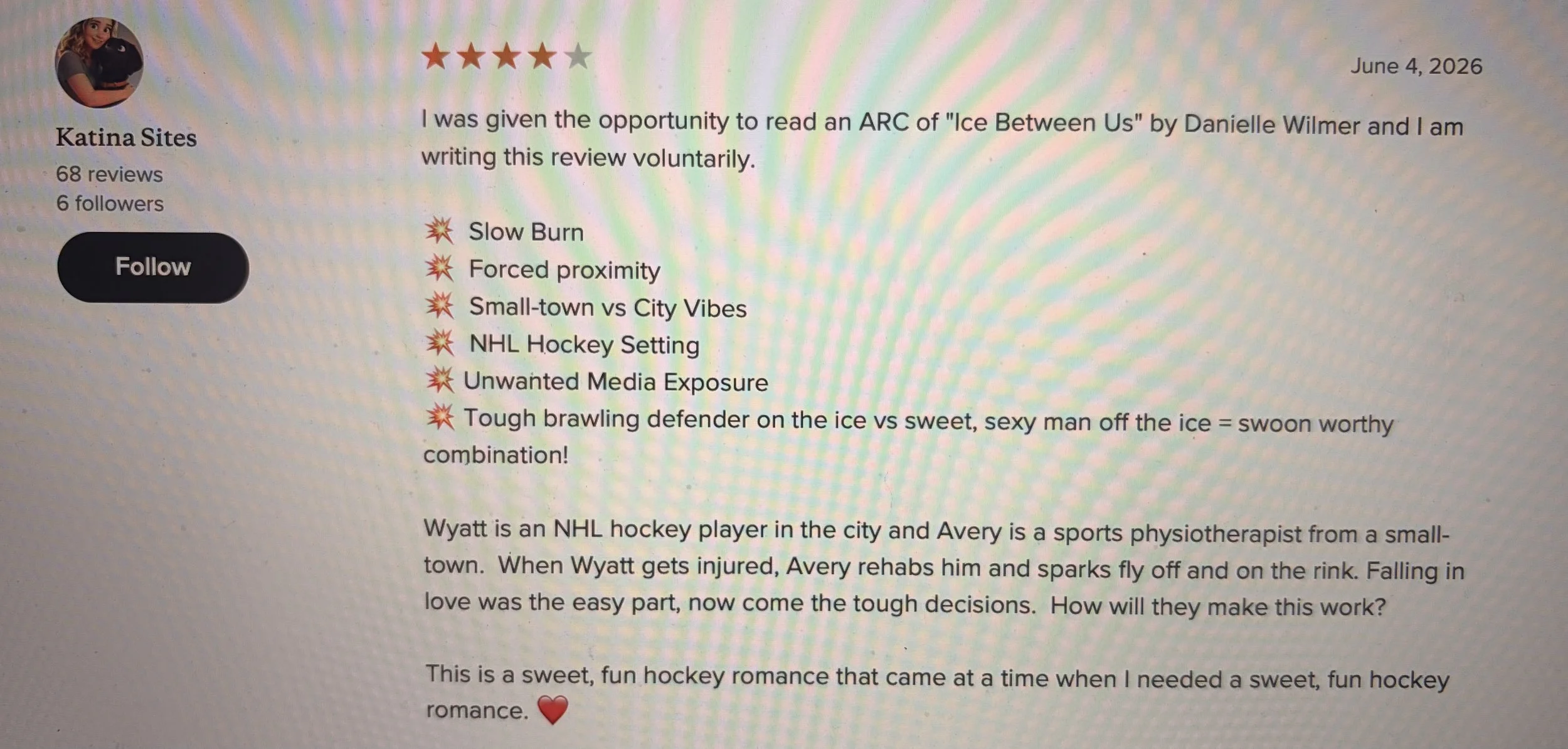 Screenshot of a book review written by Katina Sites, date June 4, 2026. The review rates the book with four and a half stars and discusses themes like hockey, small-town life, and romance. The review mentions the book's characters Wyatt and Avery, a hockey player and a sports physiotherapist, respectively, and describes the story as a sweet hockey romance.