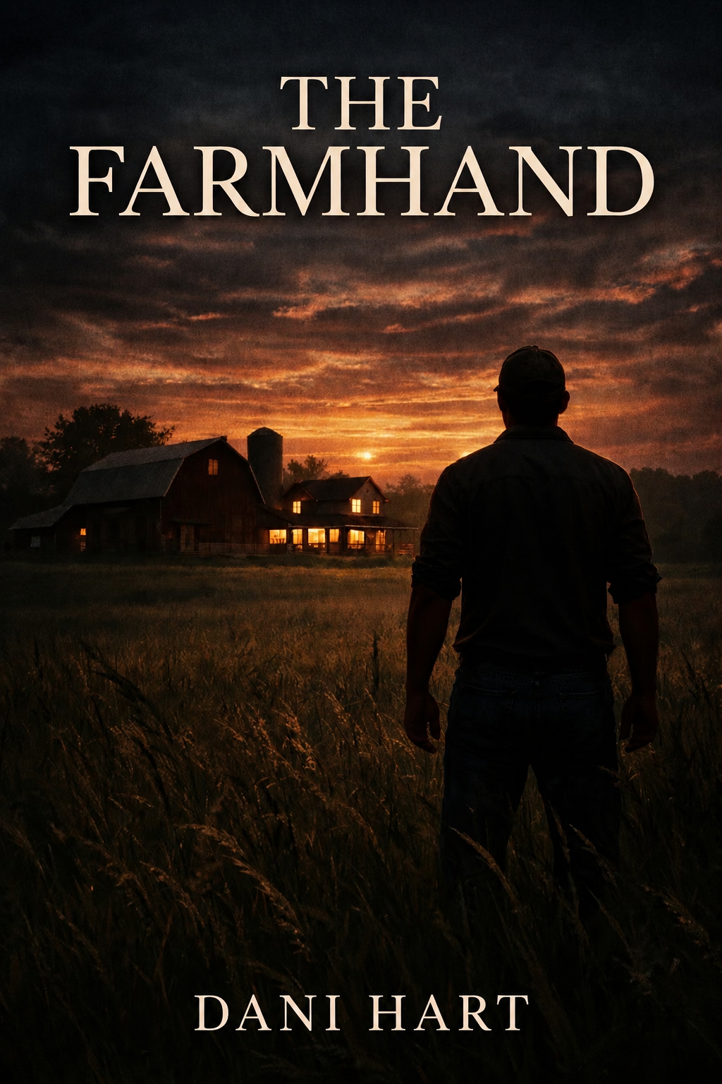 Book cover featuring a silhouette of a man standing in a field at sunset, with a farm and barn in the background, titled 'The Farmhand' by Dani Hart.