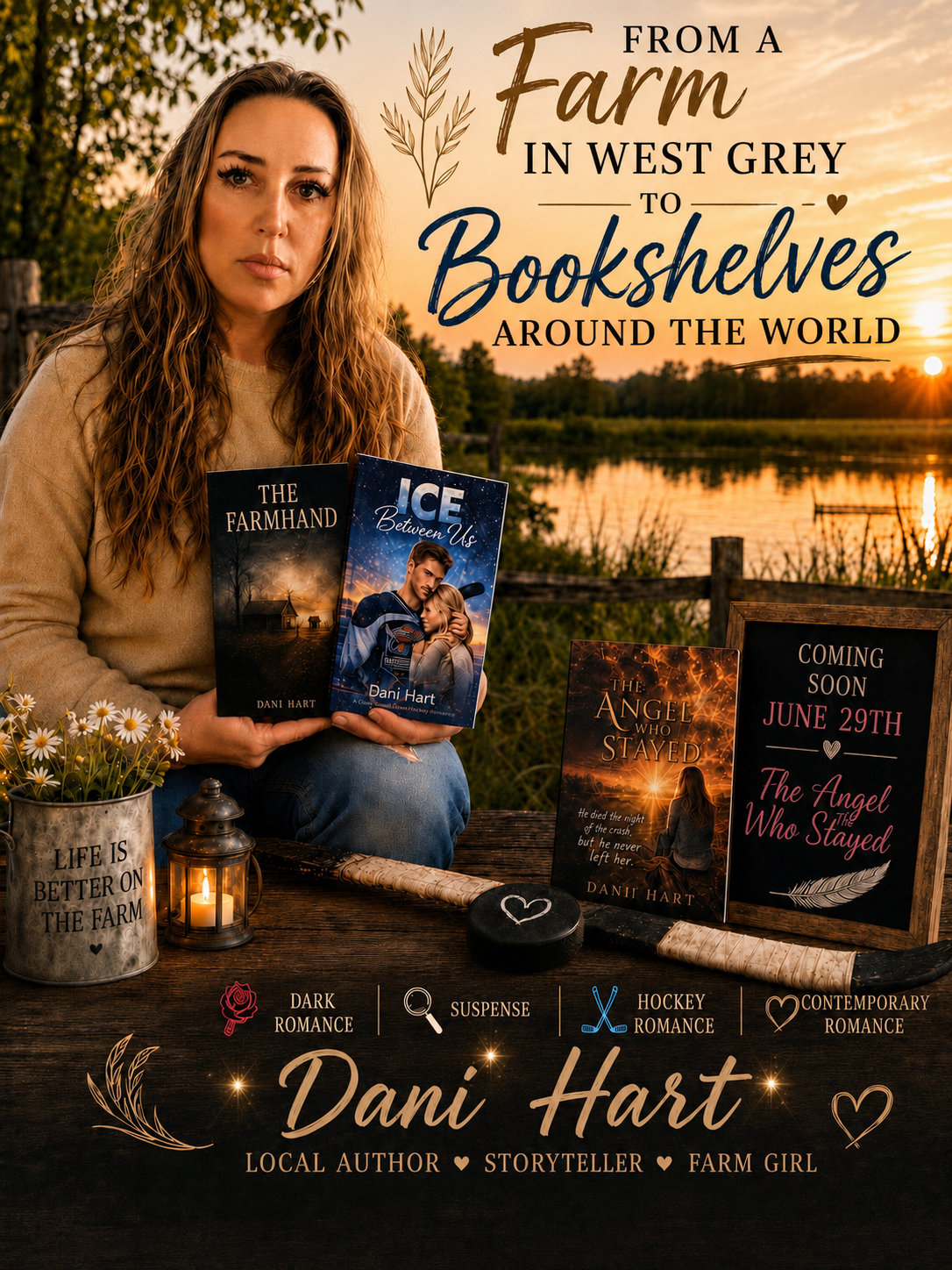 Sunset scene with a woman holding two books, promotional signs for upcoming and current romance novels, a flower pot with daisies, and various book covers on a wooden table, surrounded by a rustic outdoor setting.