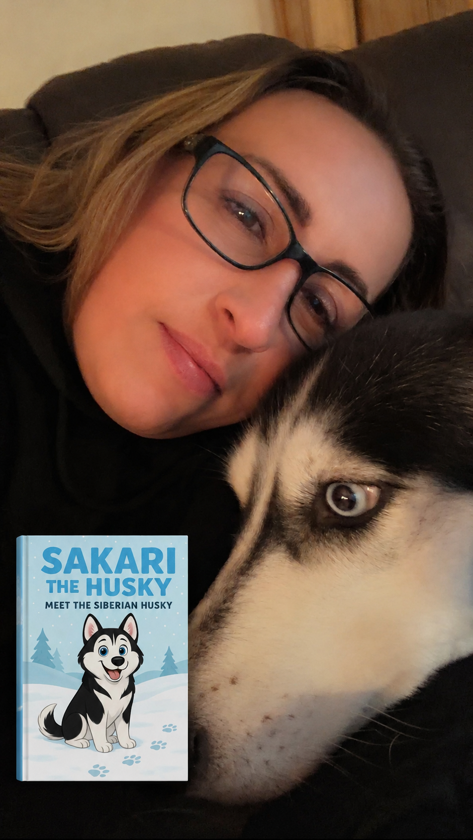 A woman with glasses laying on a dark couch, snuggling a Siberian husky puppy with blue eyes, and a children's book titled 'Sakari the Husky: Meet the Siberian Husky' displayed in front of them.