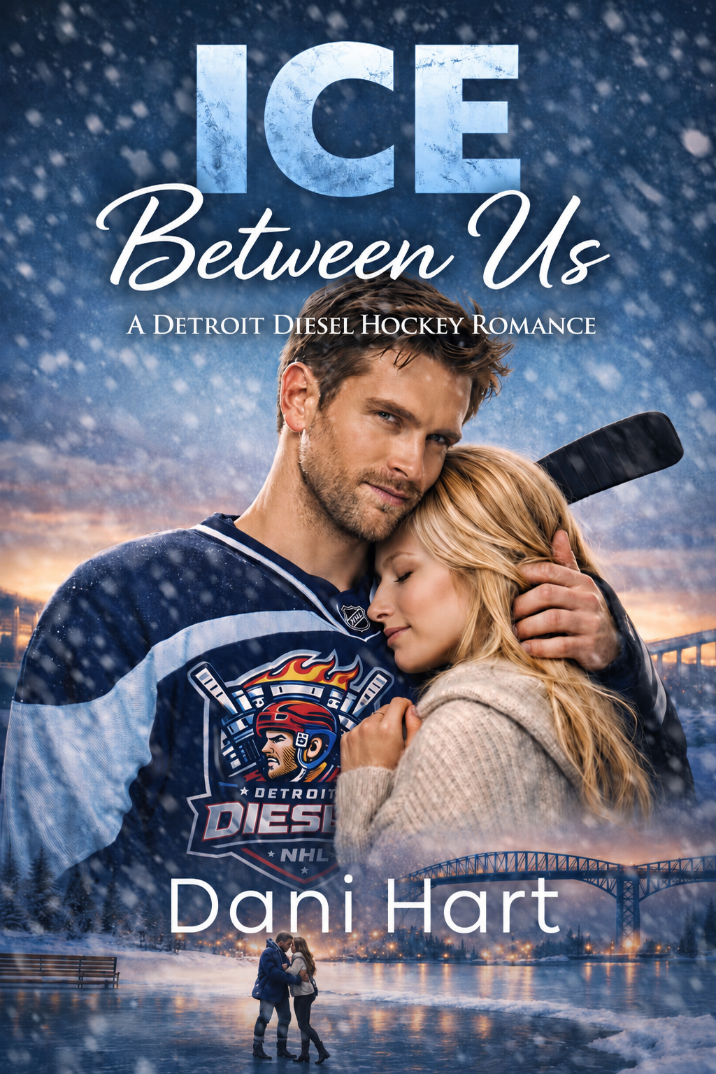 Book cover for "Ice Between Us" by Dani Hart featuring a hockey player and a woman embracing with a winter cityscape and bridge in the background.