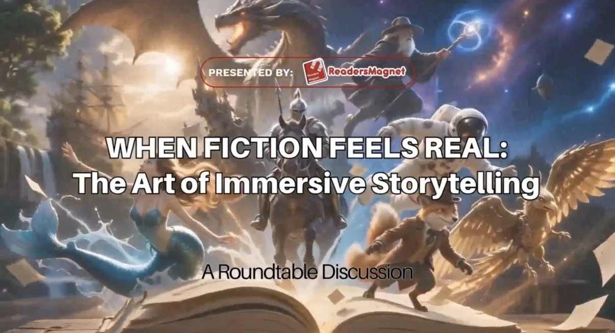 Fantasy scene with various mythical and fantasy characters including a dragon, a wizard, a knight, a fox in a coat with wings, a mermaid, and other mythical creatures emerging from an open book, with the title "When Fiction Feels Real: The Art of Immersive Storytelling" and a banner "Presented by ReadersMagnet."