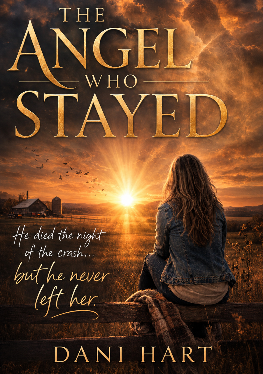 Book cover titled "The Angel Who Stayed" by Dani Hart. The cover features a young woman with long hair, sitting on a wooden fence, looking at a sunset with a farm in the background. A flock of birds is flying across the sky. The subtitle reads, "He died the night of the crash... but he never left her."