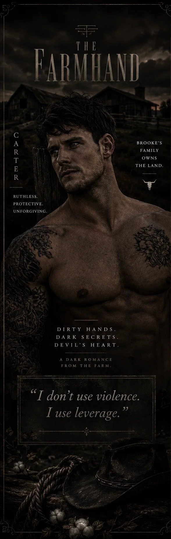 Dark promotional poster for the book "The Farmhand" featuring a shirtless man with tattoos, a barn in the background, and rustic farm elements like a rope, hat, and berries.