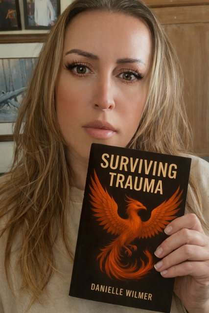 Woman with long blonde hair holding a book titled 'Surviving Trauma' by Danielle Wilmer, in a room with wooden walls and framed pictures.