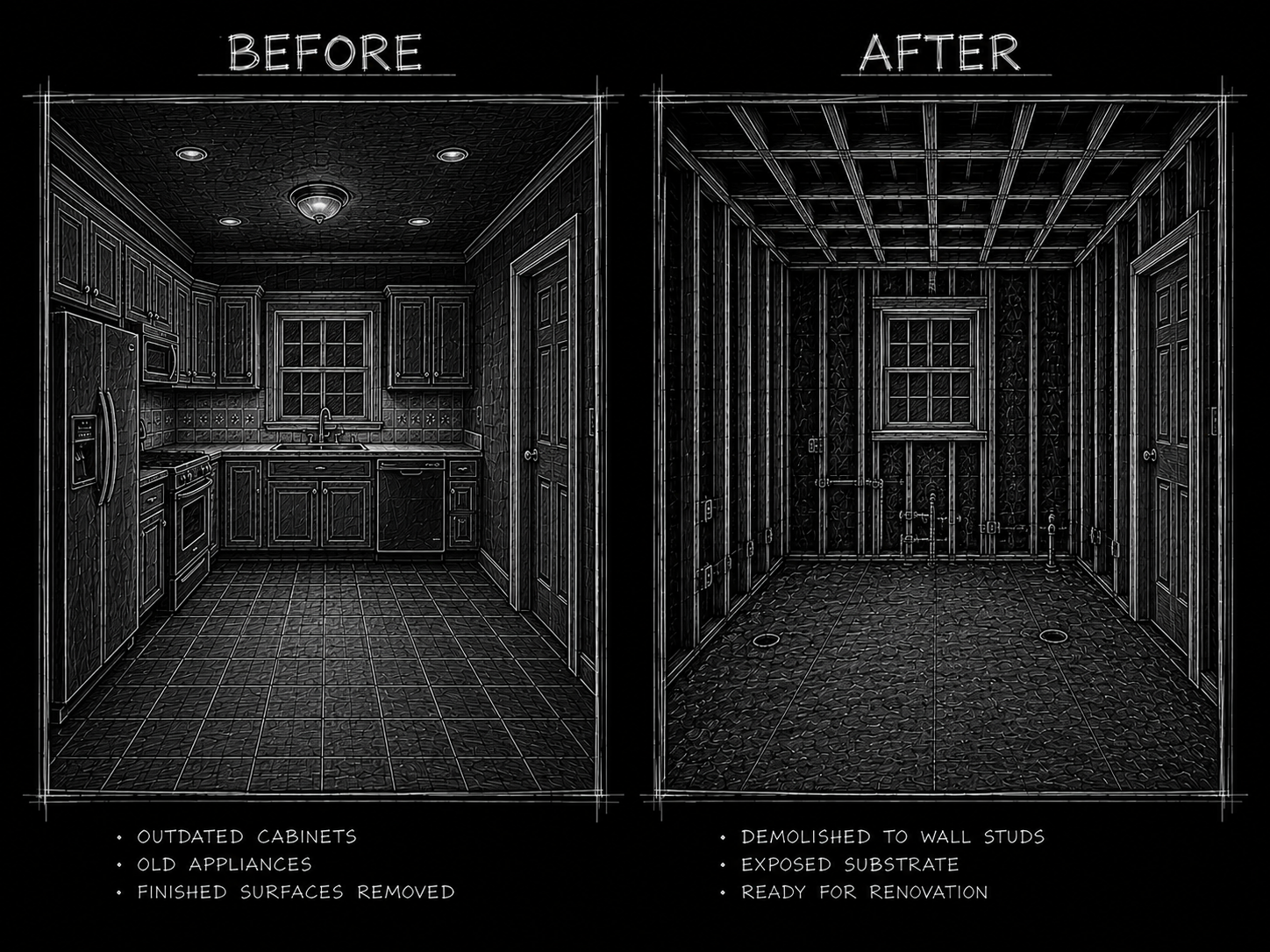 Comparison of a kitchen before and after renovation, showing outdated cabinets and appliances in the before image and a wall stripped to studs and exposed substrate ready for renovation in the after image.