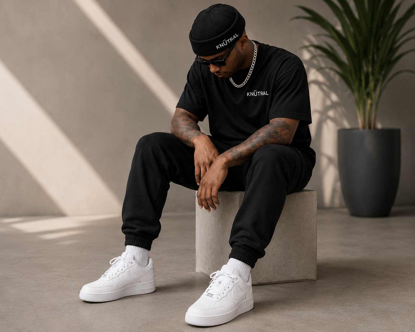 A young man with tattoos, wearing a black beanie, black sunglasses, and a black T-shirt with 'KNÜTRAL' written on it, sits on a concrete block in a minimalistic indoor setting with a large potted plant in the background, wearing white sneakers and bl