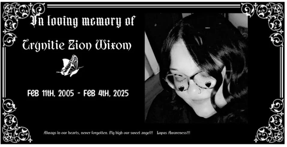 Memorial plaque dedicated to Argyrie Zion Wirom, who lived from February 11, 2005, to February 4, 2025. The plaque features decorative borders, a butterfly icon, and a black-and-white photo of a woman with glasses and heart-shaped embellishments, along with heartfelt phrases
