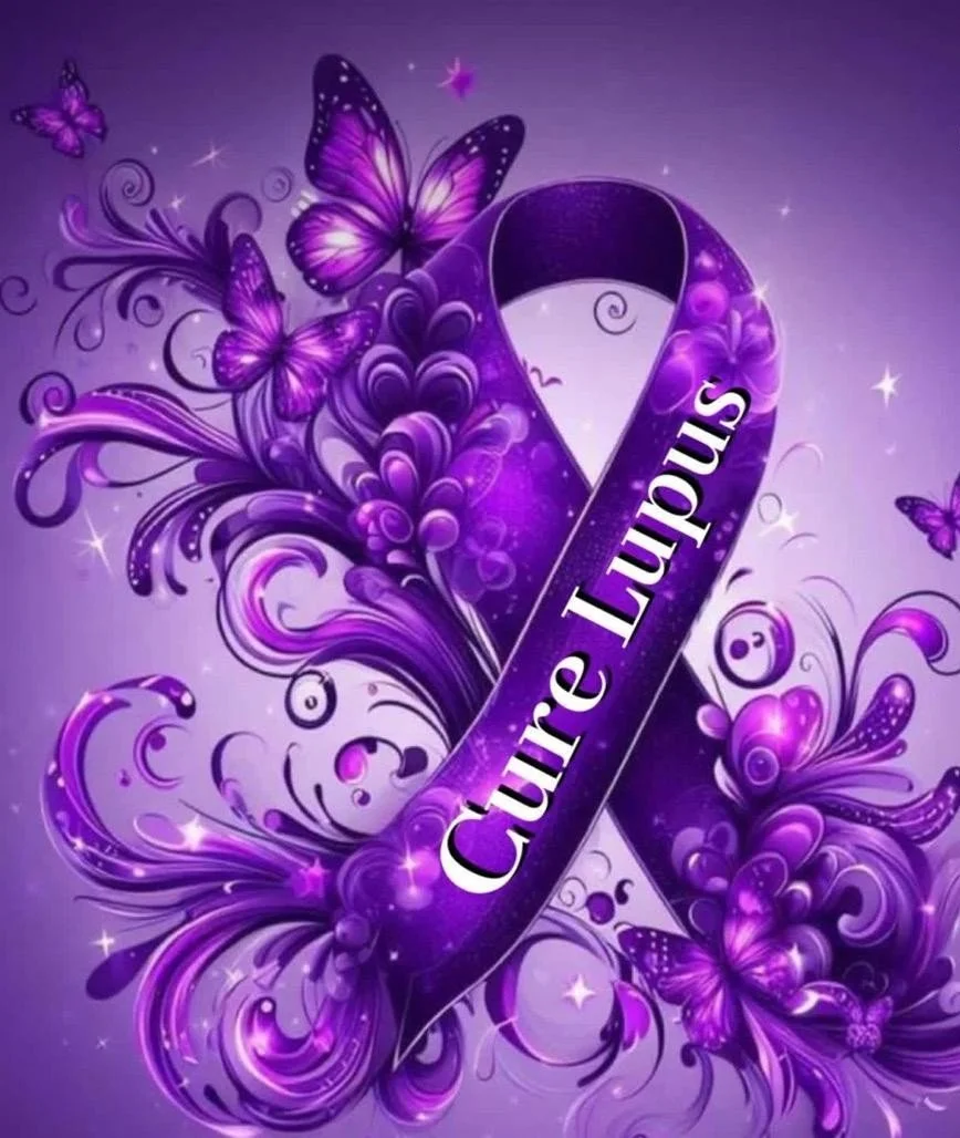 A purple awareness ribbon with the words 'Cure stigma' written on it, surrounded by intricate purple butterfly and floral designs on a purple background.