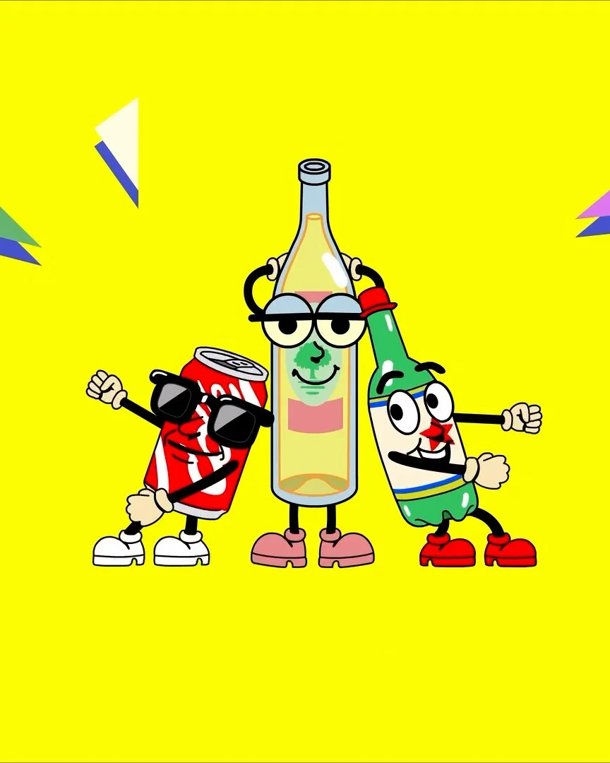 Three animated beverage characters with arms and legs, standing together on a yellow background. The characters include a red soda can wearing sunglasses, a cartoonish bottle with glasses, and a green bottle with a red cap, all appearing cheerful and energetic.
