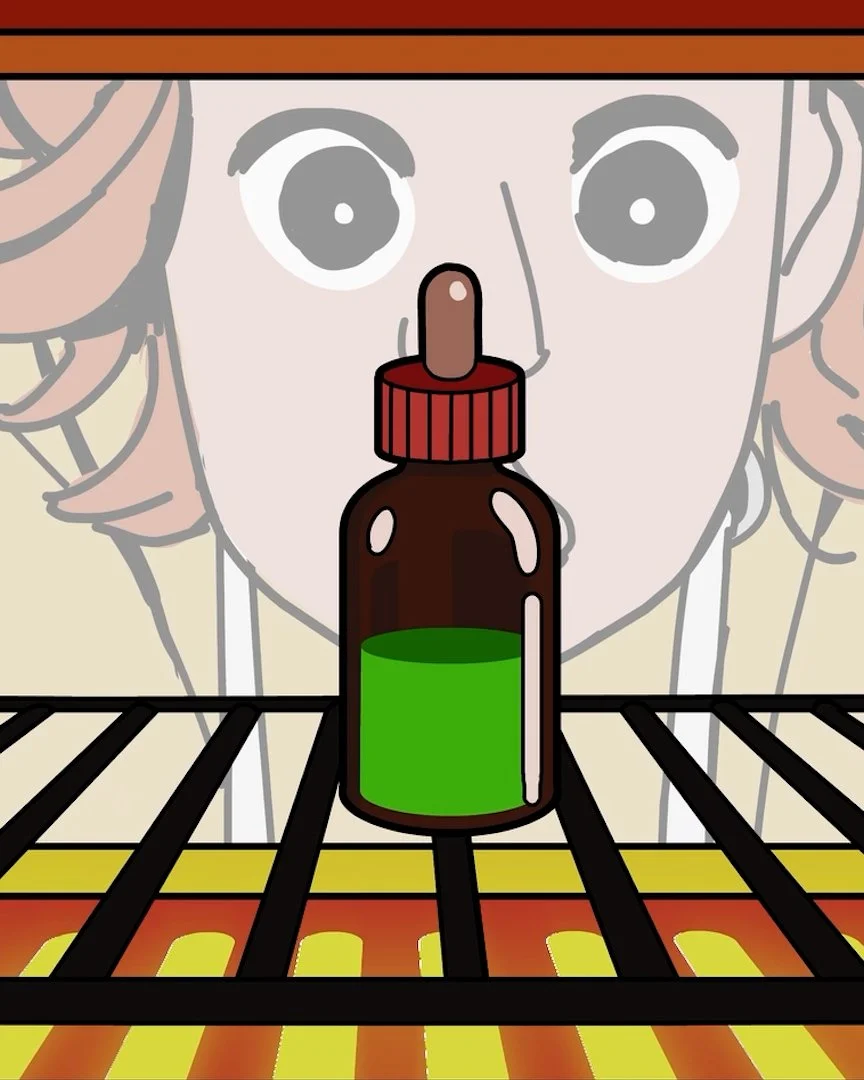 A cartoon illustration of a child looking into a refrigerator with an open door, with a brown medication bottle with a red cap and green liquid inside placed on the refrigerator shelf.