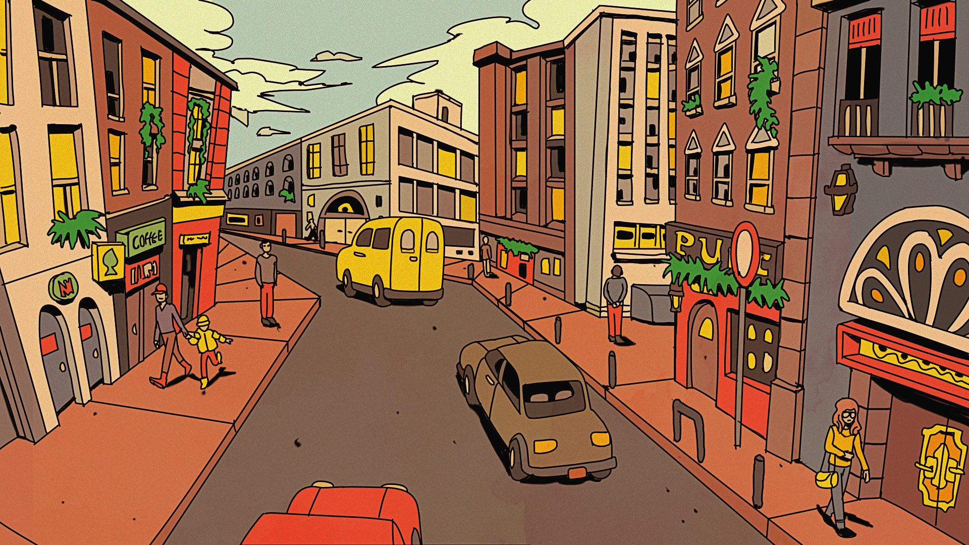 A colorful animated city street scene during sunset with pedestrians, parked cars, buildings with lit windows, and various storefronts including a coffee shop and a pub.