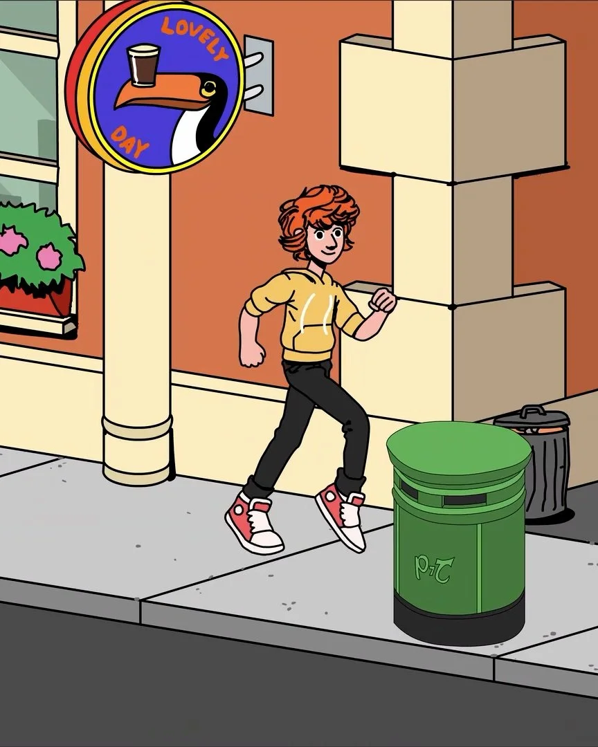 A cartoon of a girl with curly red hair walking on a city sidewalk. There is a green trash can in front of her and a black backpack on the ground nearby. She is wearing a yellow hoodie, black pants, and red and white sneakers. On the wall behind her is a sign with a toucan holding a drink, with the words "Lovely Day" on it.