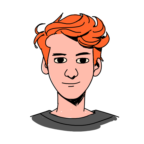 A cartoon illustration of a young man with orange hair, light skin, and a slight smile, wearing a dark shirt.