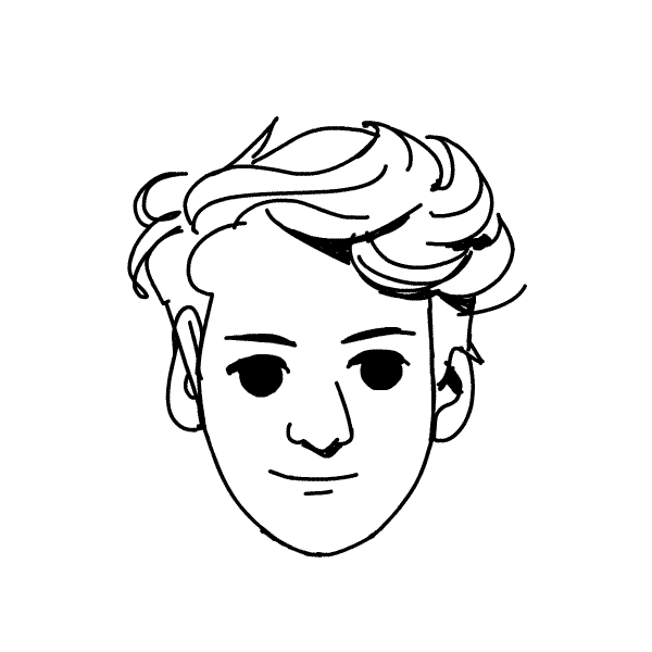 Line drawing of a young man's face with wavy hair and a slight smile.