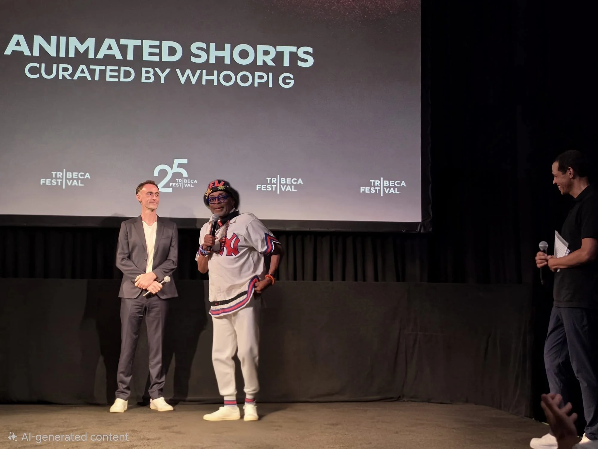 Three people on stage at a film festival event. A woman in a hockey jersey and striped socks holding a microphone appears to be speaking. A man in a gray suit is standing nearby, and another person is holding a notebook on the right side of the image. A large screen behind them displays text about an animated shorts program curated by Whoopi Goldberg at Tribeca Film Festival.