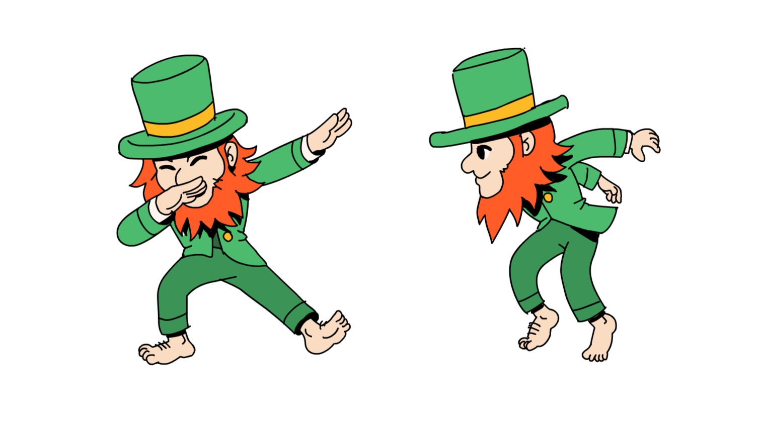 Two leprechauns dressed in green with orange beards, wearing tall green hats. One is laughing and covering his mouth, the other is smiling, both in playful poses.