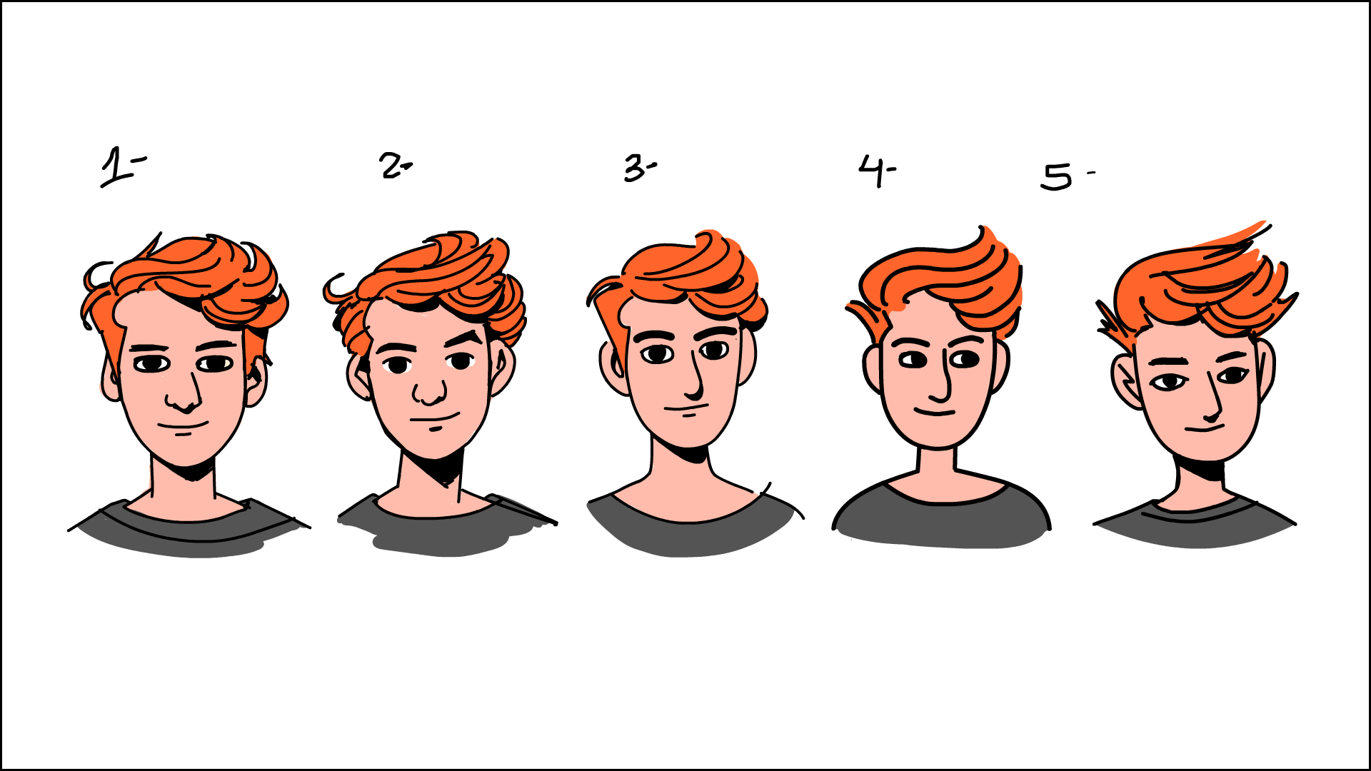 Illustration of five different hair styles on a male character, numbered 1 to 5, with each style showing varying hair textures and lengths, wearing a dark shirt.